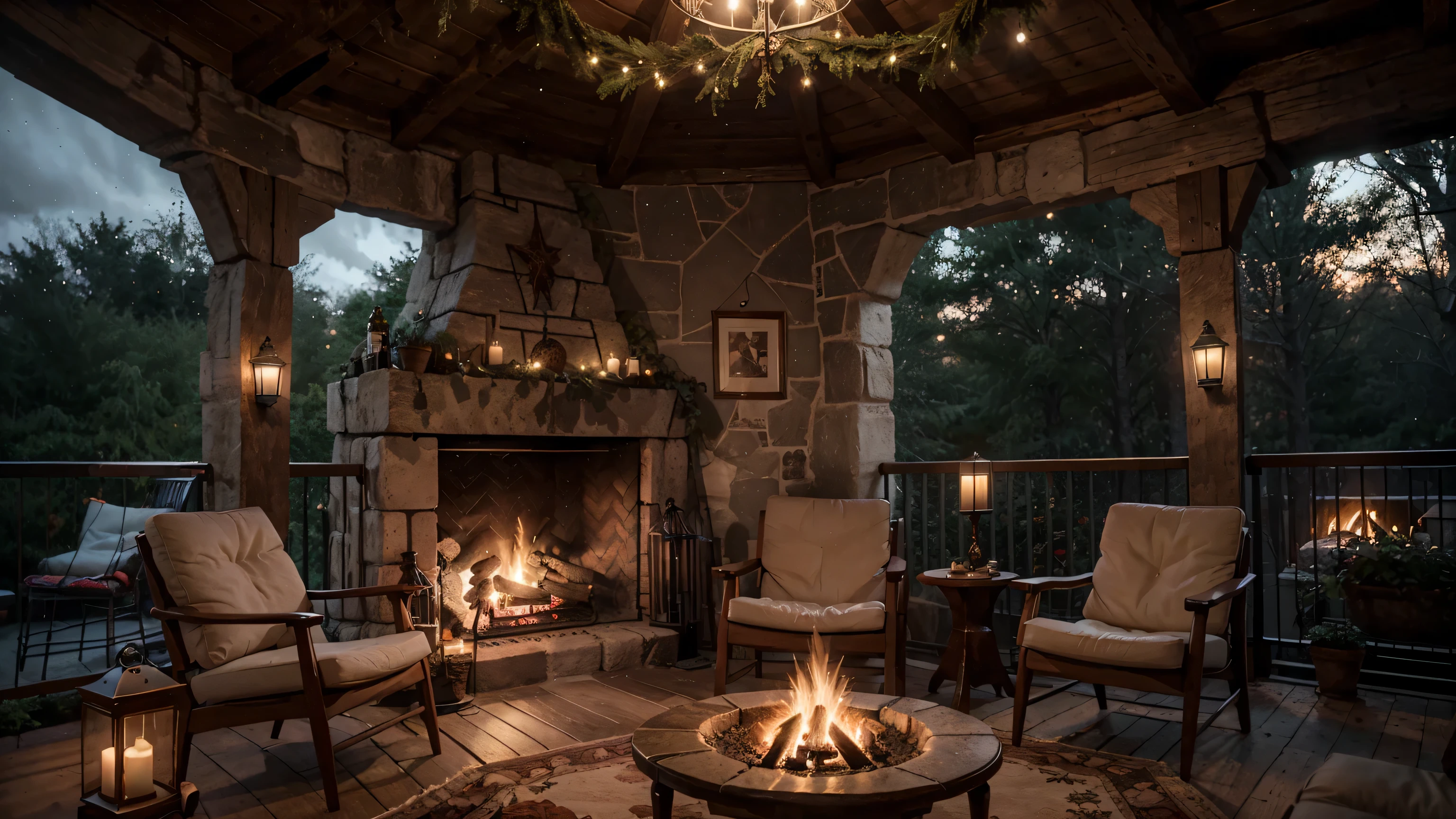 balcony cave with a fireplace and chairs, winter outside, cozy place, books place, warm beautiful scene, cozy atmospheric, cozy environment, cozy setting, winter setting, cosy enchanted scene, very realistic, cozy atmosphere, cozy and peaceful atmosphere, cozy and calm, beautiful detailed scene, winter time, very very realistic, ✨🕌🌙, cozy wallpaper, unreal engine ; romantic theme