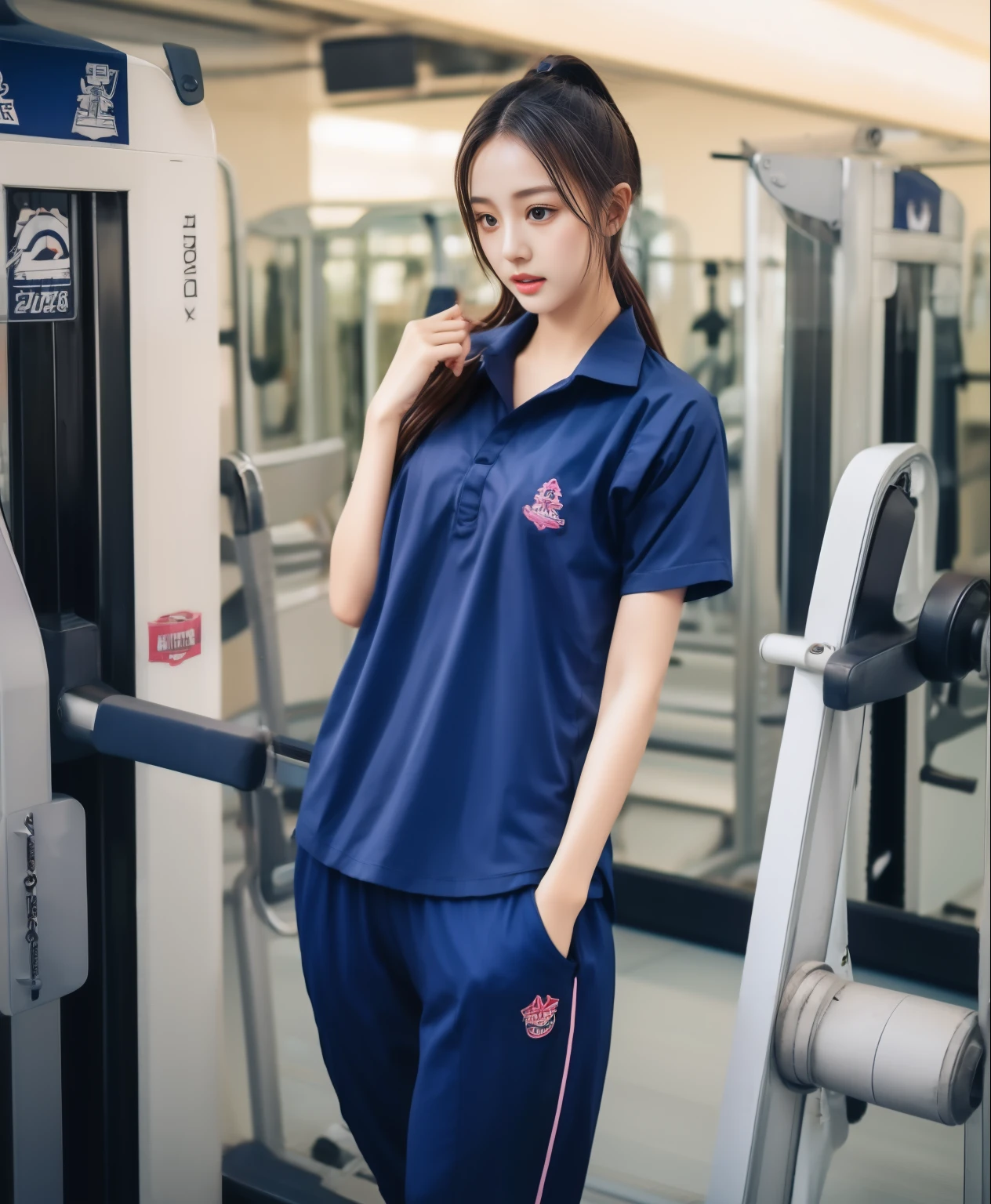 3 girls in fitness center, Navy blue short-sleeved shirt,Navy Long Trackpant,Sweatpants, Sweatpantsขายาว,25 year old girl, lesbian, sexy, exercise clothes, wet body, exercise clothes
