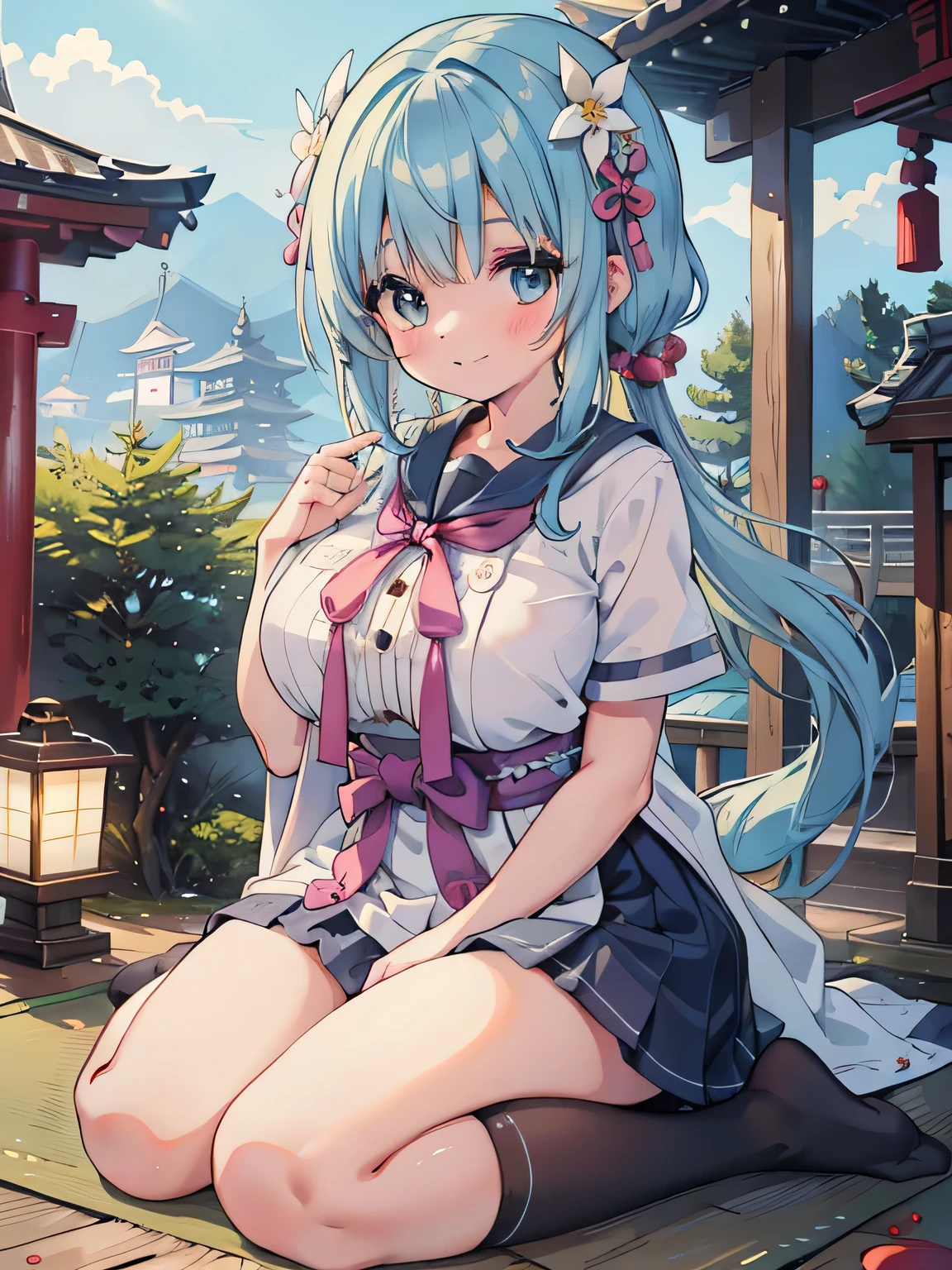 highest quality、detailed background、beautiful and detailed face、beautiful and smooth skin、skin texture、professional lighting、beautiful teenage girl、((three women))、cute hairstyle、(big breasts:1.2)、
sailor suit、plaid pleated mini skirt、knee high socks、playfully hug each other、smile、sexual expression、
Visit traditional Japanese temples and shrines、at the entrance, cleanse your hands、worship and pray.、Participate in the unique customs of shrines and temples, Write your wishes on votive tablets that draw fortunes, etc..、Make cute gestures