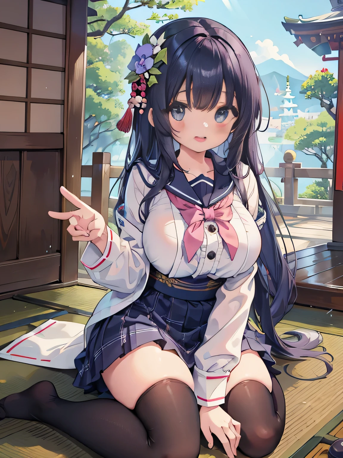 highest quality、detailed background、beautiful and detailed face、beautiful and smooth skin、skin texture、professional lighting、beautiful age girl、((three women))、cute hairstyle、(big breasts:1.2)、
sailor suit、plaid pleated mini skirt、knee high socks、playfully hug each other、smile、sexual expression、
Visit traditional Japanese temples and shrines、at the entrance, cleanse your hands、worship and pray.、Participate in the unique customs of shrines and temples, Write your wishes on votive tablets that draw fortunes, etc..、Make cute gestures
