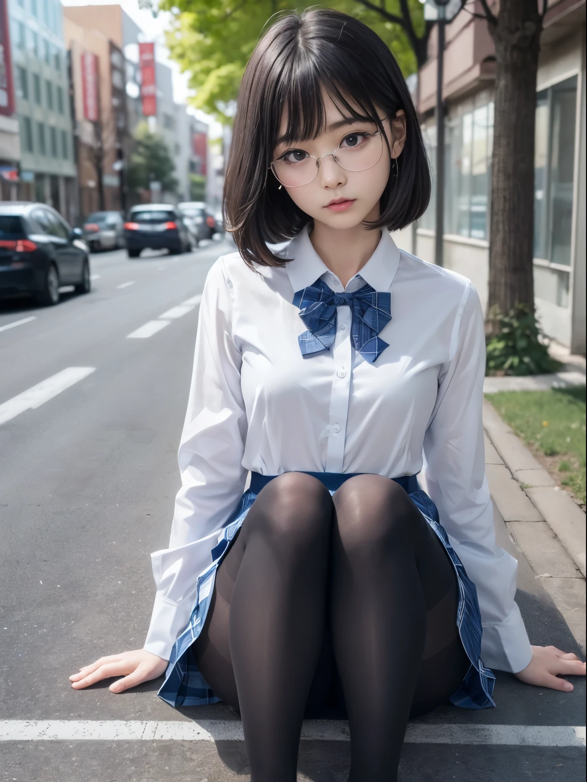 long bob cut、(((I can see my underwear)))、((細いeye))、((細いeye))、((細いeye))、(8K、生photographgraphy、highest quality、masterpiece:1.2),、small、(flat chest)、(flat chest)、(flat chest)、(flat chest)、(flat chest)、(Are thin)、Fair skin、Whitening、dark look、skinny,Fair skin肌,Saucy,Schoolの,looking at the viewer,looking straight ahead,high-pitched clothes,erotic,students,white skin,knees,(((black pantyhose)),((black pantyhose))),disorganized,(small face),(small face),I can see the forehead,Bangs hanging from the left and right sides of the forehead,(cold look,eyeがきつめ,glare,bullish,anger)、masterpiece,highest quality、ultra high resolution,生photograph,beautiful,beautiful,There is only one person, solo,Glasses,,dark look,small breasts same,full body,(まるGlasses),JK uniform,high school girl,japanese woman, (photorealistic:1.37)、School、photon mapping,Reality、beautiful woman,cute baby face,ブラウンeye、black socks、(red bow tie)、radio city、Physically based rendering、depth of field rally background、photograph,body,beautiful feet, long legs, thin legs,(I can see my bangs), Hairy pubic area, lips, blue_eye, nose soft,(light blue dress shirt), (Navy, blue and white plaid pleated skirt), kneesが見える,transparent clothing,, Peaches, black cotton socks,Nogizaka Idol, , japanese idol