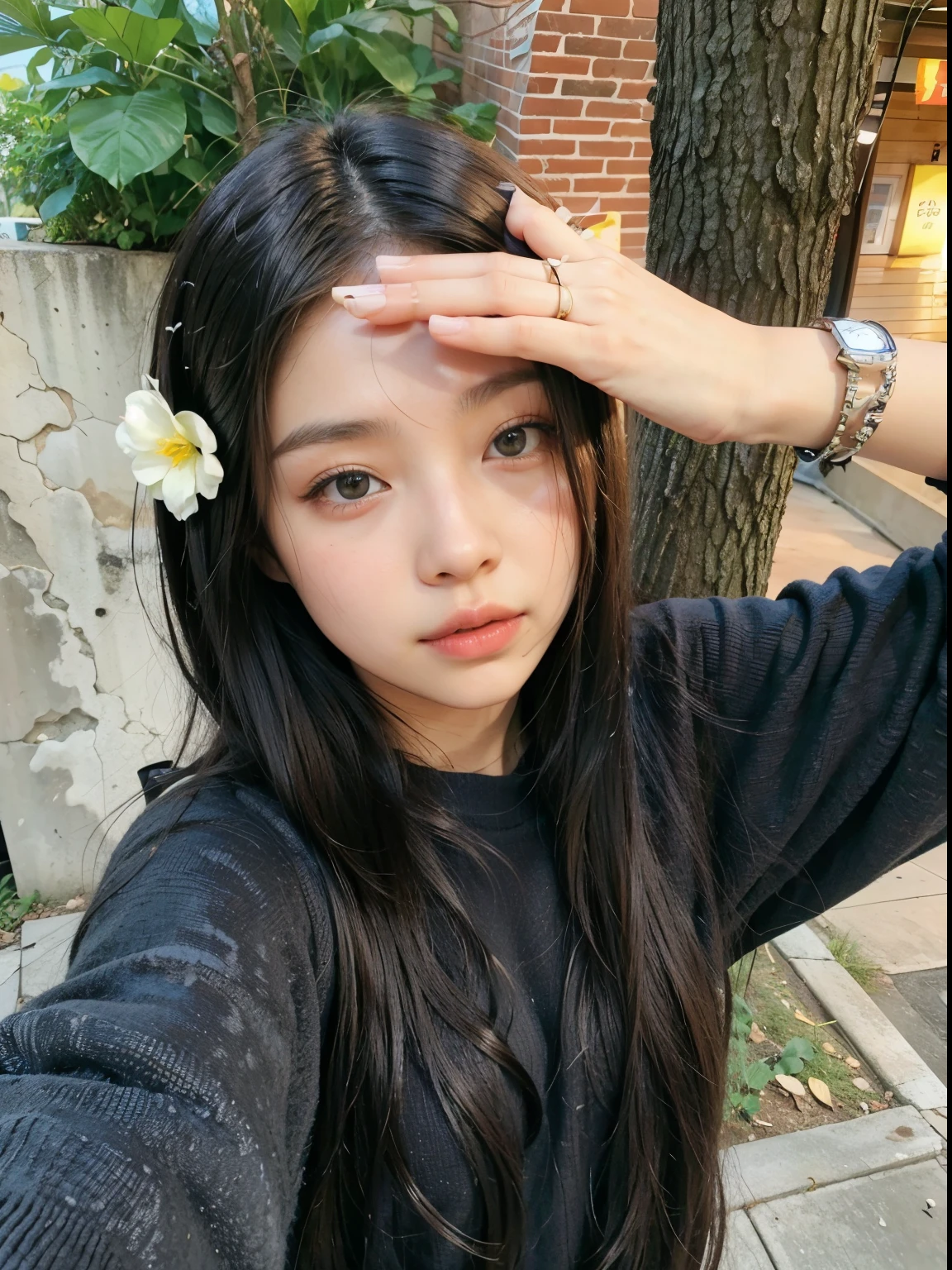arafed woman with long black hair and a flower in her hair, anime thai girl, korean girl, ulzzang, girl cute-fine-face, young cute wan asian face, sakimichan, asian girl with long hair, dilraba dilmurat, 19-year-old girl, ruan cute vtuber