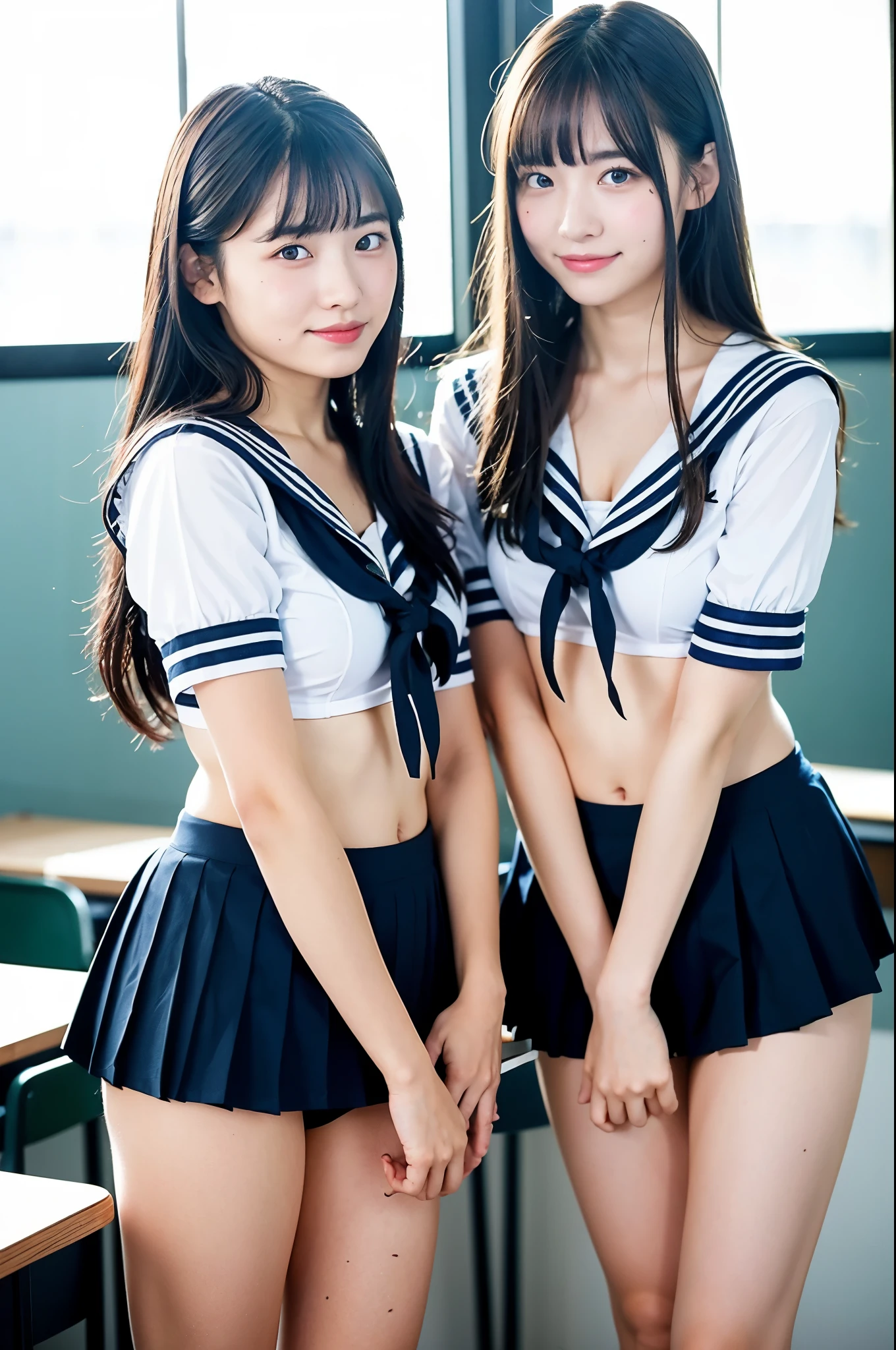 2 sailor girls standing in classroom near window,no bra and no panties,18-year-old,bangs,a little smile,thighs,knee,straight hair with barrette,from below,front-light