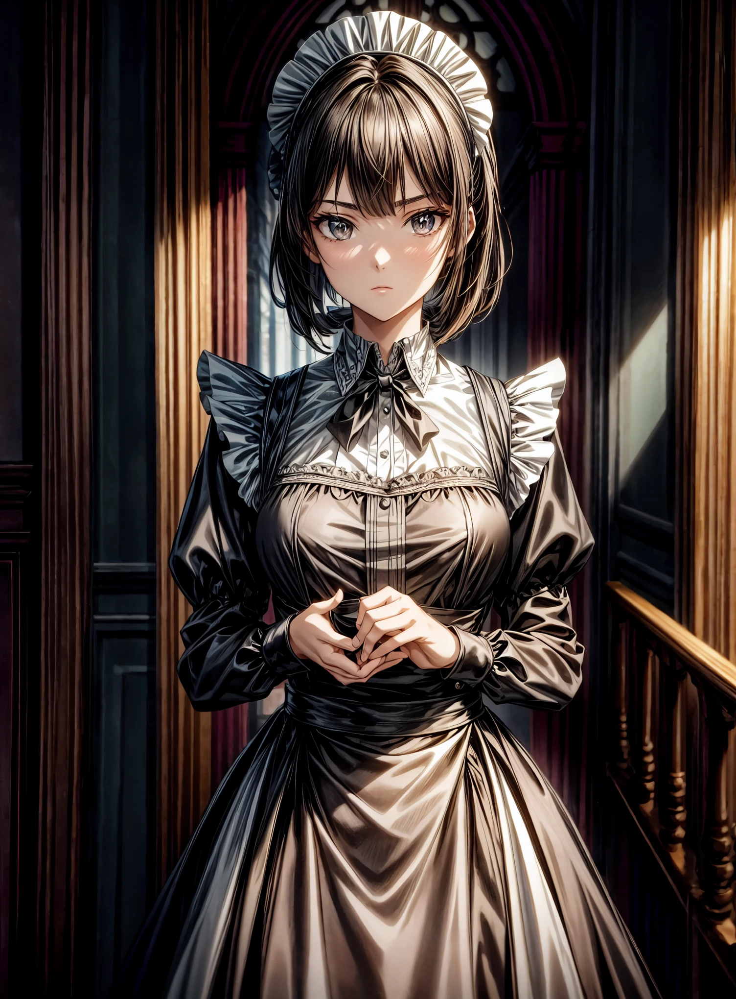 The scene unfolds with a 16-year-old girl, enveloped in a gothic aura, rising majestically before the viewer. ((Her dark hair, cut in a bob style)), frames her pale face, while her dark brown eyes shine with an enigmatic intensity. She is clad in a ((maid uniform):1.3), a choice that amplifies her slender and gloomy figure, highlighting her singular presence. Her posture is firm, conveying an unwavering determination, as if challenging fate itself. ((Full_body):1.5)

The soft light highlights the details of her appearance, revealing every shadow and contour. Every line of her uniform is sharp, every fold captured in ultra-realistic detail. She is positioned in full body, in an anime style that adds a layer of artistic expression to her image. Every feature of her face is precisely delineated, conveying subtle and complex emotions that invite the viewer to delve deeper into her story.

The advanced technology of Unreal Engine 5 brings the scene to life, providing an unparalleled sense of immersion. Every texture is rich in detail, every shadow and reflection contributing to the immersive atmosphere. The visual quality is unmatched, with a 16K resolution that elevates the experience to new levels of realism. Every pixel is loaded with intensity, capturing the essence of the young gothic girl in all her dark glory.

Her dynamic and confident pose conveys a sense of power and mystery, as she gazes at the viewer with a penetrating gaze. Her hands are perfectly rendered, her fingers delicately sculpted in a representation of impeccable technical skill. She is a digital masterpiece, a fusion of beauty and darkness that captivates and fascinates.

In this masterful representation, the 16-year-old gothic girl stands out as a symbol of individuality and authenticity. Her presence fills the screen with captivating energy, inviting the viewer to lose themselves in her world of mystery and intrigue. 