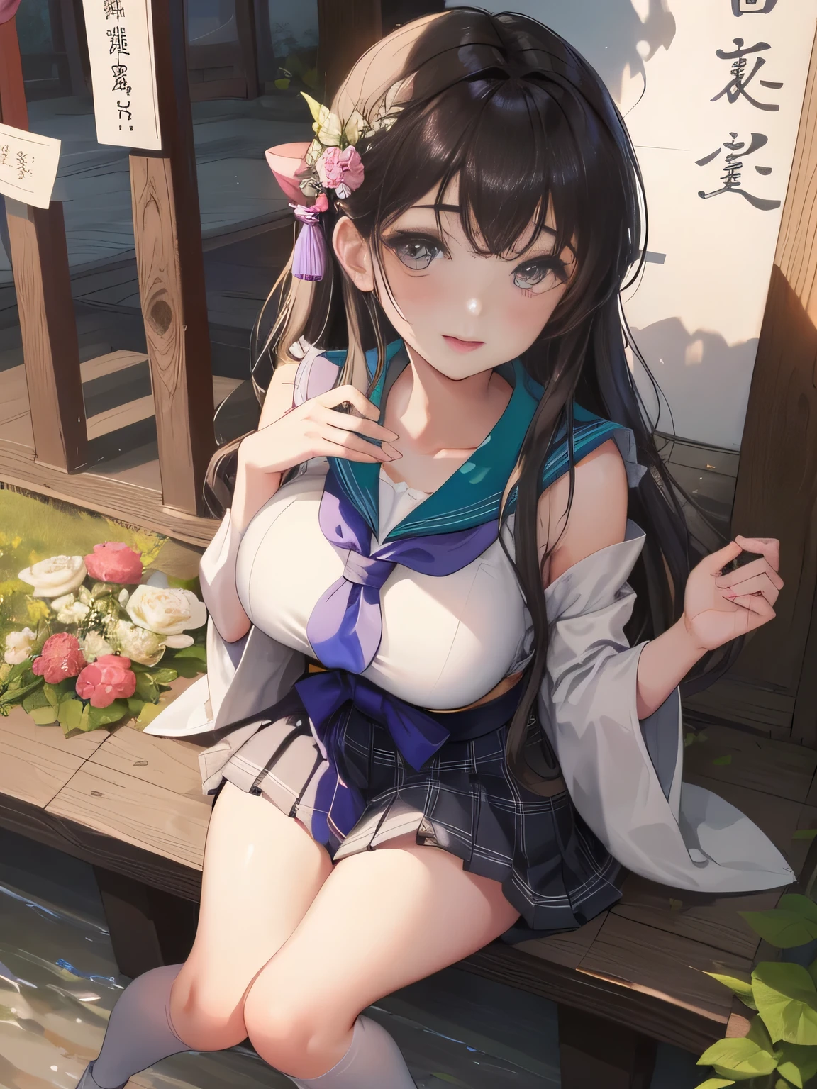 highest quality、detailed background、beautiful and detailed face、beautiful and smooth skin、skin texture、professional lighting、beautiful teenage girl、((three women))、cute hairstyle、(big breasts:1.2)、
sailor suit、plaid pleated mini skirt、knee high socks、playfully hug each other、smile、sexual expression、
Visit traditional Japanese temples and shrines、at the entrance, cleanse your hands、worship and pray.、Participate in the unique customs of shrines and temples, Write your wishes on votive tablets that draw fortunes, etc..、Make cute gestures