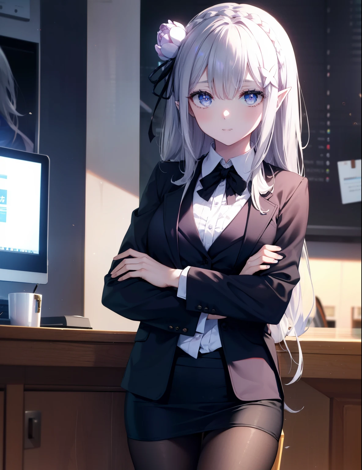 rezeroemilia, emilia, Braid, crown Braid, flower, hair flower, hair ornaments, hair ribbon, long hair, headlock, purple eyes, pointy ears, white flower, x hair ornaments, close your mouth,red glasses, end, black suit jacket, collared jacket, white dress shirt, collared shirt, neckline, button, strap, ID card on the neck, black pencil skirt, black pantyhose stiletto heels,PC on desk,sitting cross-legged on a chair,
break indoors,office,
break looking at viewer, (cowboy shot:1.5),
break (masterpiece:1.2), highest quality, High resolution, unity 8k wallpaper, (shape:0.8), (beautiful and detailed eyes:1.6), highly detailed face, perfect lighting, Very detailed CG, (perfect hands, perfect anatomy),