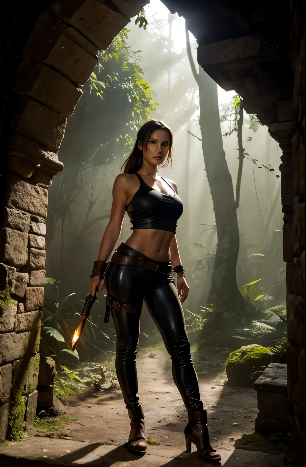 (best quality, highres, masterpiece:1.2), medieval landscape, Lara Croft exploring a mysterious ancient ruin, holding a torch to illuminate the dimly lit area. She is dressed in sexy medieval pale and dusty adventure leather clothes, with a tight black leather pants and a practical sleeveless top. Her eyes gleam with determination as she carefully sneaks through a dense jungle, every movement and step calculated to avoid traps and enemies. The jungle is alive with vibrant greens and exotic flowers, casting shadows on the worn stone walls of the ruin. Rays of sunlight pierce through the dense foliage, creating an ethereal atmosphere. The air is thick with humidity, and the sound of wildlife fills the air. The ancient ruin itself is awe-inspiring, with intricate carvings and mysterious symbols adorning the walls. The scene exudes a sense of mystery, adventure, and exploration. The color tone is warm and earthy, with a touch of mystery and mystique. The lighting is dramatic and utilizes a combination of natural light and flickering torchlight to create depth and atmosphere.