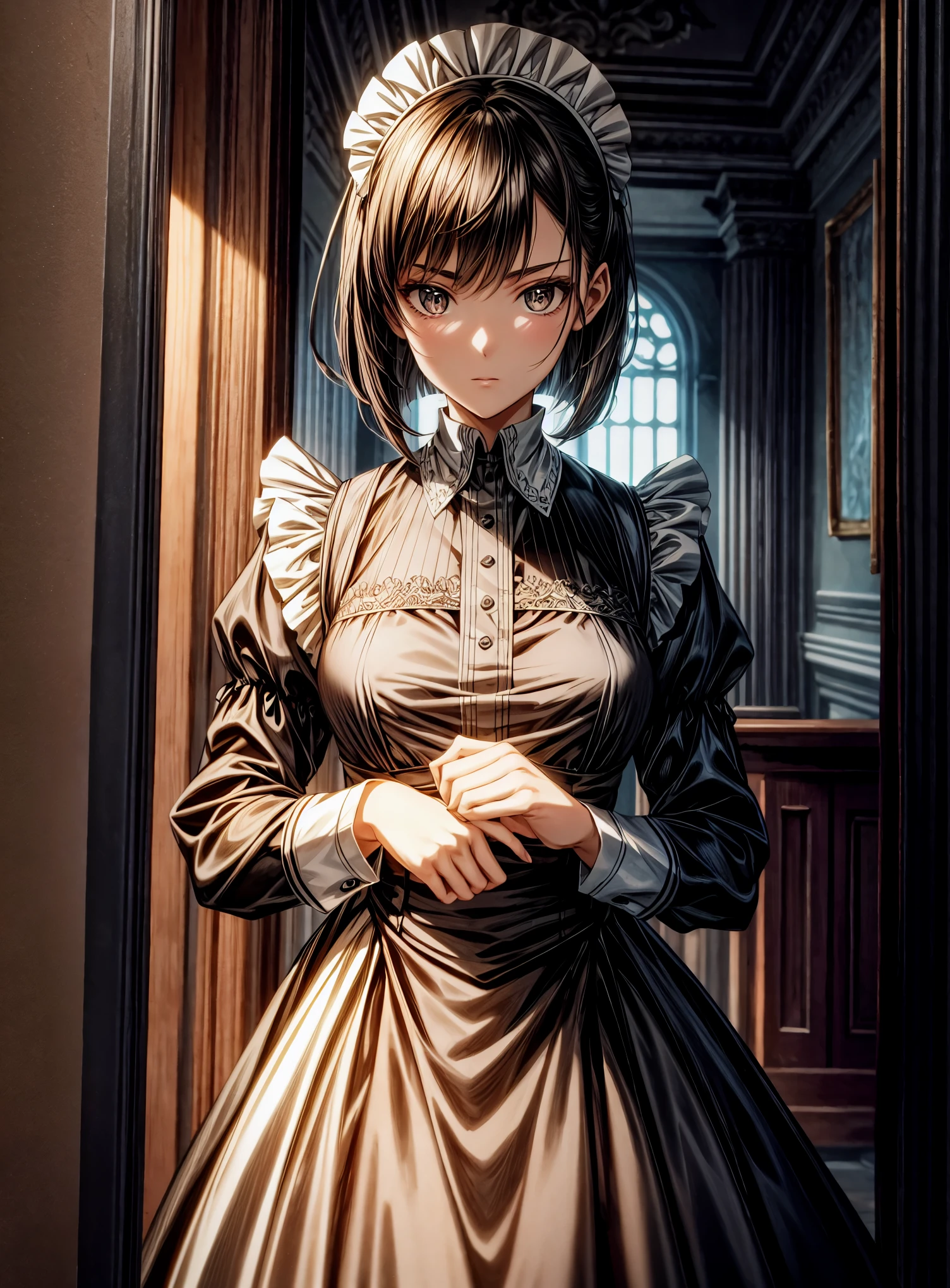 The scene unfolds with a -yeld gi enveloped in a gothic aura, rising majestically before the viewer. ((Her dark hair, cut in a bob style)), frames her pale face, while her dark brown eyes shine with an enigmatic intensity. She is clad in a ((maid uniform):1.3), a choice that amplifies her slender and gloomy figure, highlighting her singular presence. Her posture is firm, conveying an unwavering determination, as if challenging fate itself. ((Full_body):1.5)
The soft light highlights the details of her appearance, revealing every shadow and contour. Every line of her uniform is sharp, every fold captured in ultra-realistic detail. She is positioned in full body, in an anime style that adds a layer of artistic expression to her image. Every feature of her face is precisely delineated, conveying subtle and complex emotions that invite the viewer to delve deeper into her story.
The advanced technology of Unreal Engine 5 brings the scene to life, providing an unparalleled sense of immersion. Every texture is rich in detail, every shadow and reflection contributing to the immersive atmosphere. The visual quality is unmatched, with a 16K resolution that elevates the experience to new levels of realism. Every pixel is loaded with intensity, capturing the essence of the young gothic girl in all her dark glory.
Her dynamic and confident pose conveys a sense of power and mystery, as she gazes at the viewer with a penetrating gaze. Her hands are perfectly rendered, her fingers delicately sculpted in a representation of impeccable technical skill. She is a digital masterpiece, a fusion of beauty and darkness that captivates and fascinates.
In this masterful representation, the 16-year-o go girl stands out as a symbol of individuality and authenticity. Her presence fills the screen with captivating energy, inviting the viewer to lose themselves in her world of mystery and intrigue.