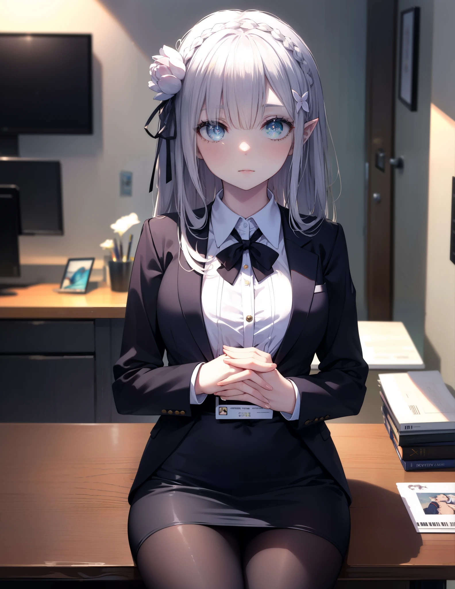 rezeroemilia, emilia, Braid, crown Braid, flower, hair flower, hair ornaments, hair ribbon, long hair, headlock, purple eyes, pointy ears, white flower, x hair ornaments, close your mouth,red glasses, end, black suit jacket, collared jacket, white dress shirt, collared shirt, neckline, button, strap, ID card on the neck, black pencil skirt, black pantyhose stiletto heels,PC on desk,sitting cross-legged on a chair,
break indoors,office,
break looking at viewer, (cowboy shot:1.5),
break (masterpiece:1.2), highest quality, High resolution, unity 8k wallpaper, (shape:0.8), (beautiful and detailed eyes:1.6), highly detailed face, perfect lighting, Very detailed CG, (perfect hands, perfect anatomy),