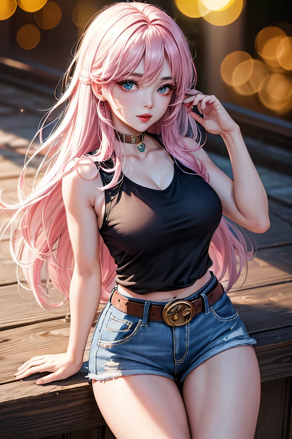 (masterpiece), best quality, expressive eyes, Goddess woman, 35 years, colored inner hair, cowboy shot, bokeh, close-up, from above the mouth down, seductive look, black sleeveless shirt, pink denim shorts, white belt, red lips, saliva