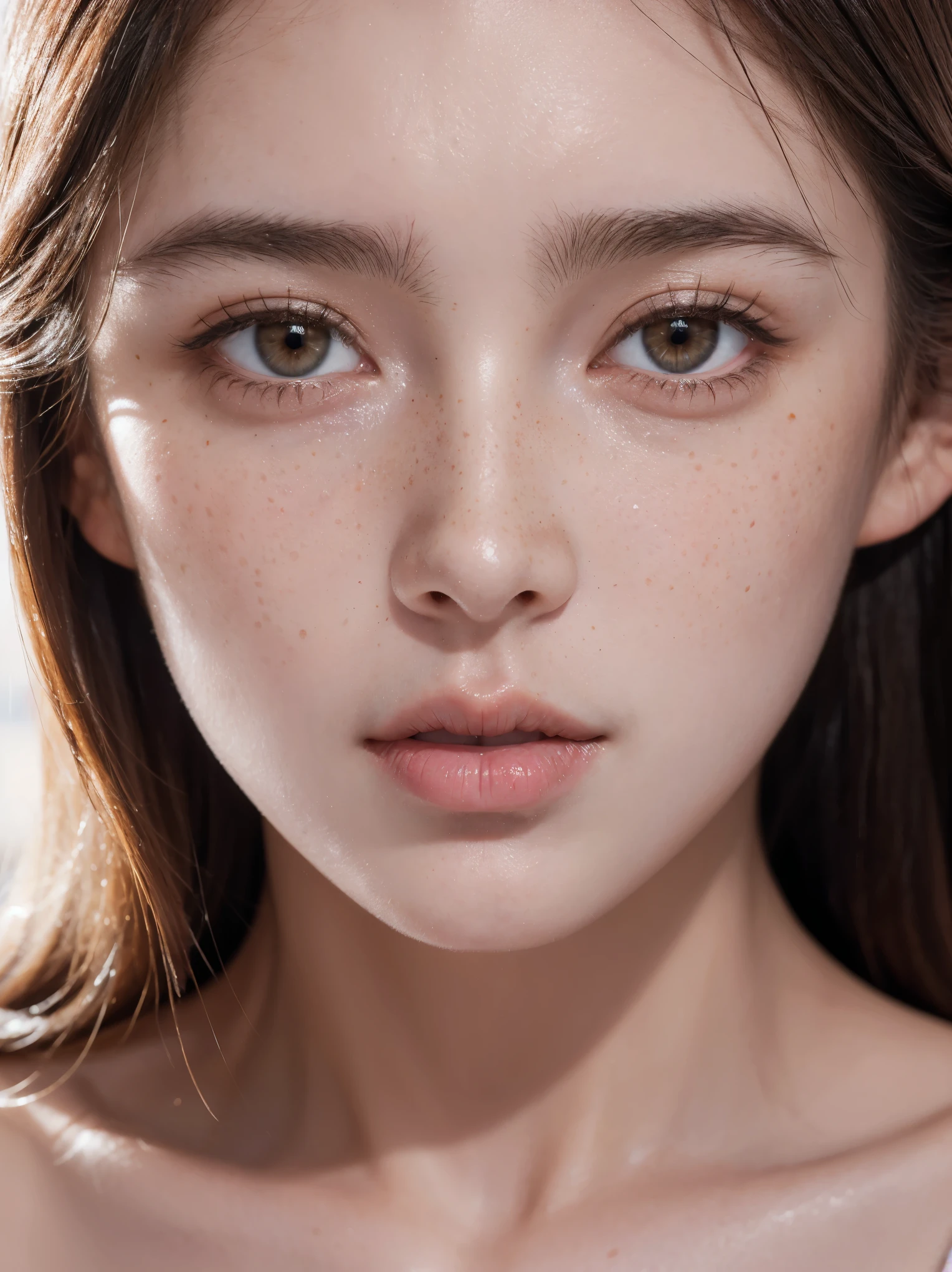 highly detailed skin, Highly Detailed face, freckles face, hyper realistic, 1girl, 18yo, pretty, russian, brown hair, volumatic lighting, rim light, close-up, facial focus