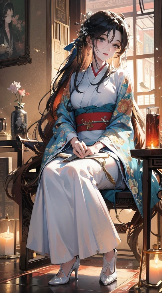 best quality，masterpiece，Enlightenment，extremely delicate and beautiful，The content is very detailed，CG，Unite，8k wallpaper，amazing，detailed，masterpiece，best quality，official art，Very detailed CG Unite 8k wallpaper，absurd，Incredibly Ridiculous Resources，Huge file size，Super detailed，high resolution，The content is very detailed，Beautiful and delicate girl，非常detailed眼睛和脸部，Beautiful and delicate eyes，There is light on the face，（hanfu：1.1），1 girl，full body lesbian，Full body female love，taking pictures，，masterpiece，1 girl，solo，black hair color hair，white dress，，white thighs，lake，moisture