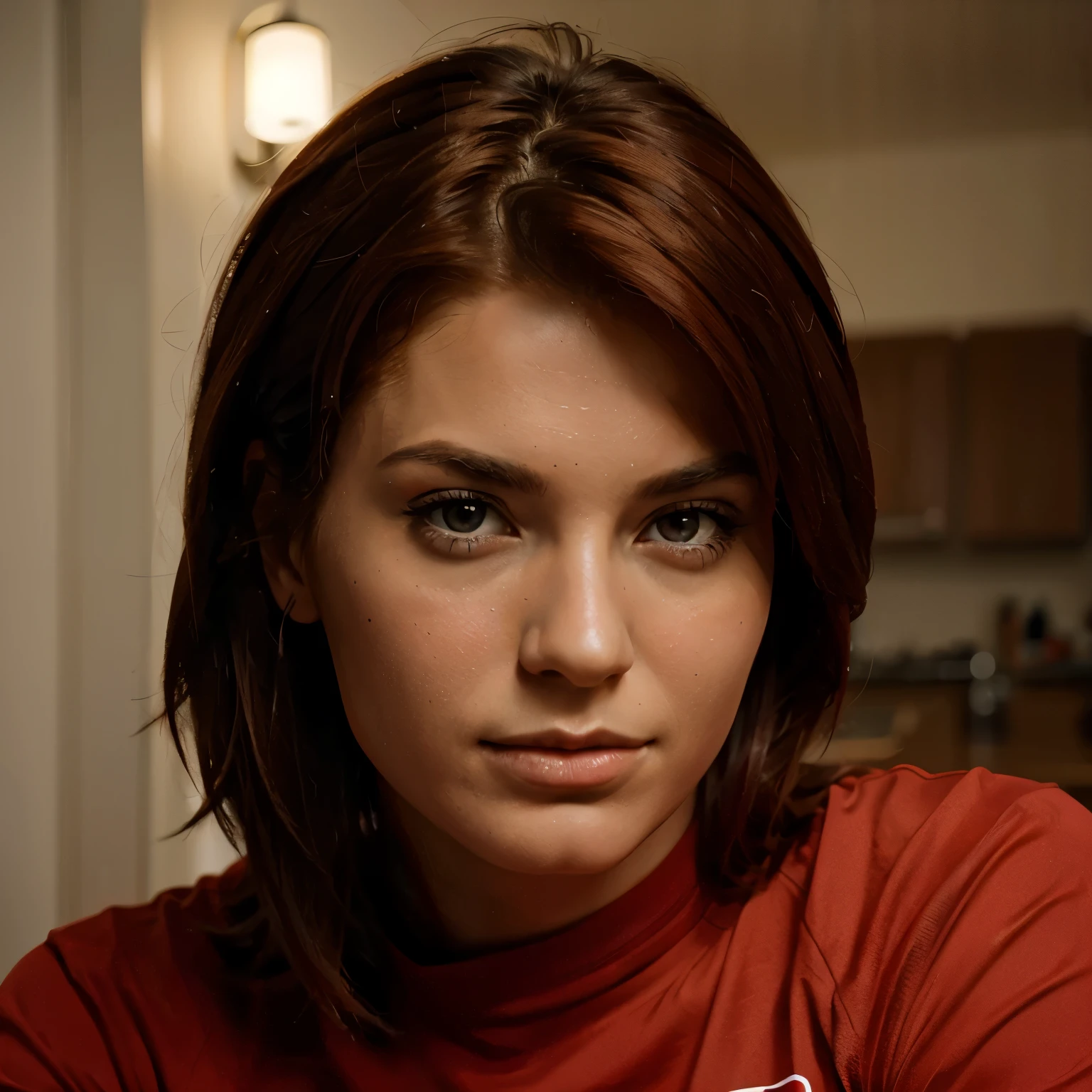 Red head femshep, closeup portrait, muscles, red blank t-shirt, messy hair