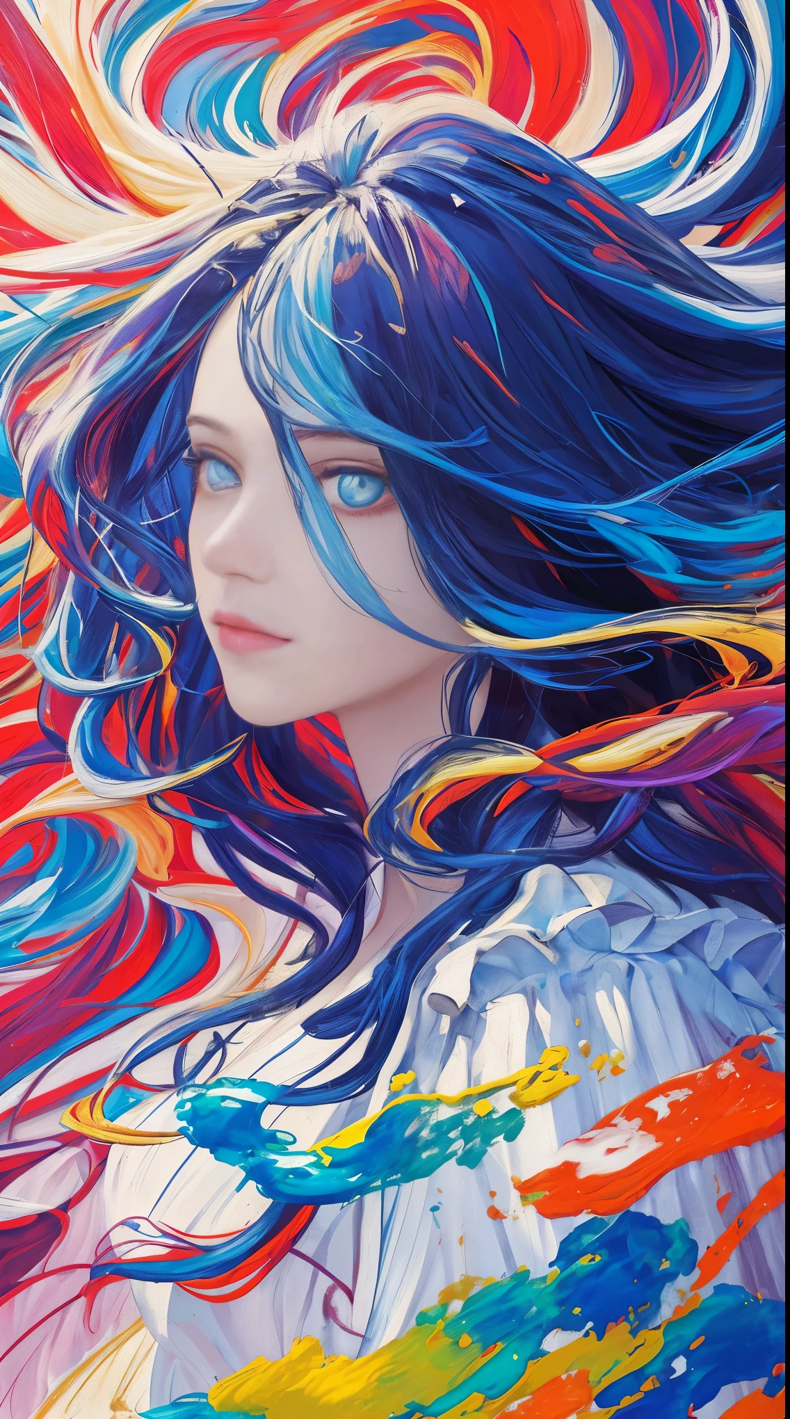 ((((masterpiece))), ((best quality))), ((super detailed)), (illustration), (dynamic angle), ((floating)), (paint), ((loose hair)), (solo), (1girl), (detailed anima face))), ((beautiful detailed face)), ((colored hair)), ((striped hair)), (gradient eyes), (((colored eyes))), (white cloud background))), (((High saturation)))),((Surrounded by colorful splashes)))) Ultra-detailed, beautiful and aesthetic, masterpiece, best quality, most beautiful forms chaotic, elegant, Fauvist design, bright colors, romanticism, Michal Mraz, Adrian Gheny, Petra Cortwright, atmospheric, ecstatic notes, streaming notes visible,