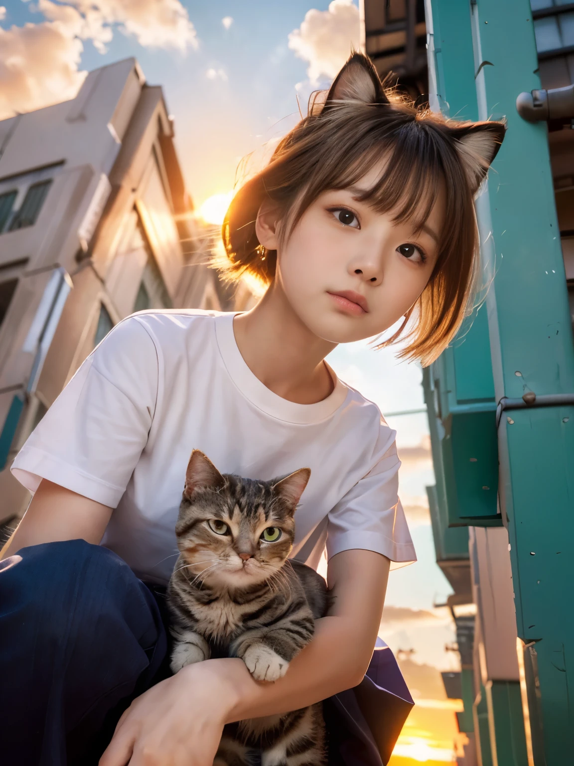 4K.HD. (Masterpiece, Best Quality, ) ,bokeh, a girl, Light brown beautiful hair, Light brown eyes, Plump breast, Blushed face, (cat ear:1.2), colourful t-shirt,  (Japanese idle:1.6), holding a pretty cat,   Looking at the viewer, (background is sunset wall street:1.4), (From below:1.6), cowboy shot