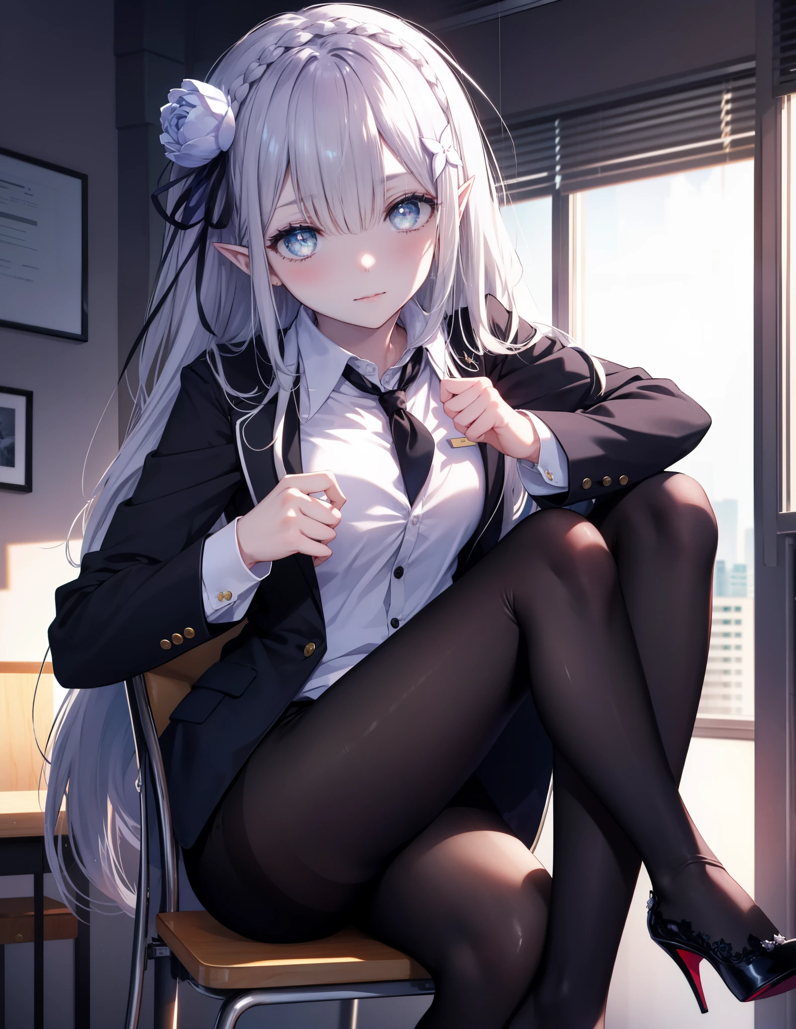 rezeroemilia, emilia, Braid, crown Braid, flower, hair flower, hair ornaments, hair ribbon, long hair, headlock, purple eyes, pointy ears, white flower, x hair ornaments, close your mouth,red glasses, end, black suit jacket, collared jacket, white dress shirt, collared shirt, neckline, button, strap, ID card on the neck, black pencil skirt, black pantyhose stiletto heels,PC on desk,sitting cross-legged on a chair,
break indoors,office,
break (masterpiece:1.2), highest quality, High resolution, unity 8k wallpaper, (shape:0.8), (beautiful and detailed eyes:1.6), highly detailed face, perfect lighting, Very detailed CG, (perfect hands, perfect anatomy),