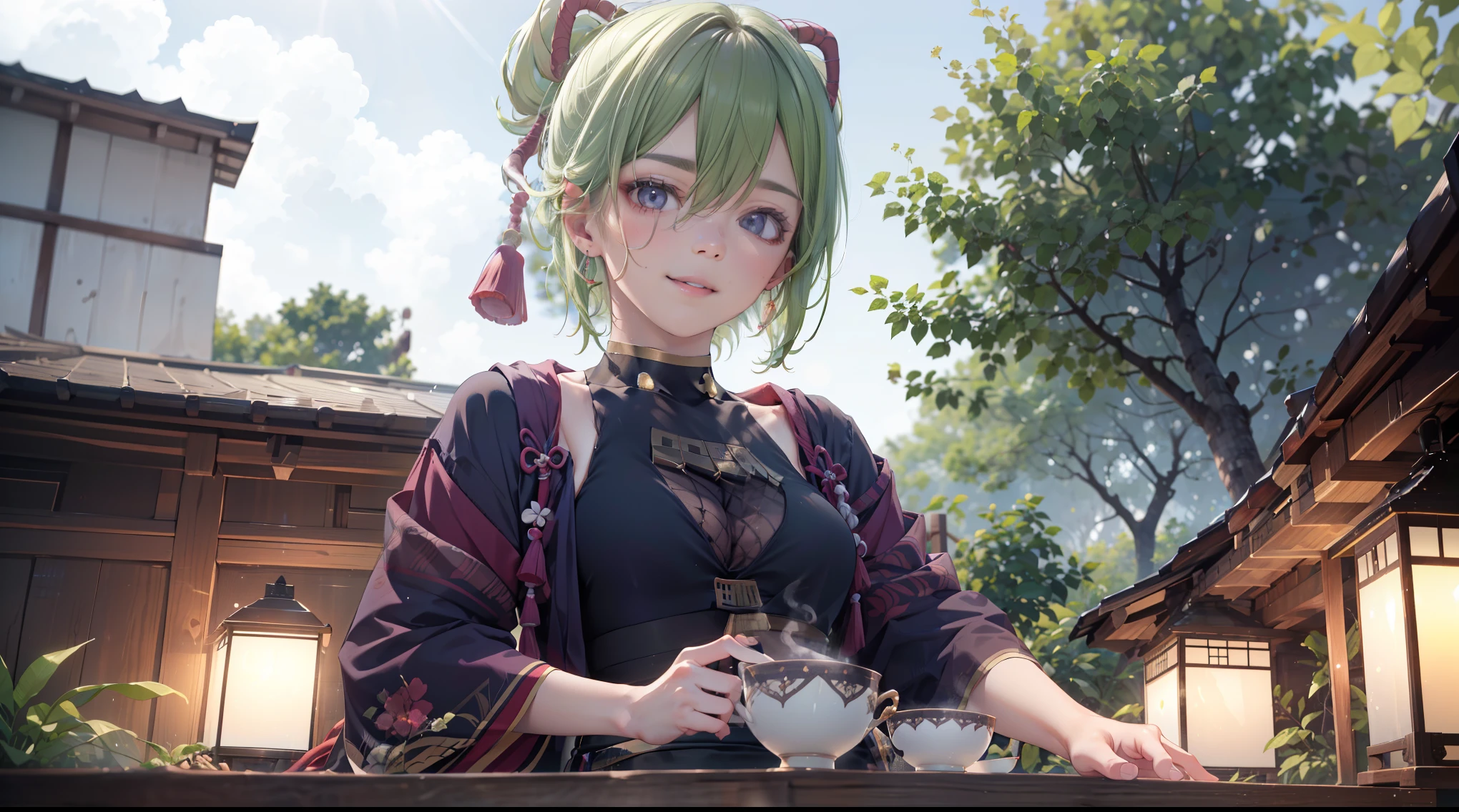 (best quality,8k,highres,masterpiece:1.2),(realistic,photorealistic,photo-realistic:1.37), ชุดเมดแบบคลาสสิค, traditional Japanese bakery,beautiful detailed eyes,happiness,glowing eyes,smiling,peaceful atmosphere,traditional Japanese clothes,working(คุณภาพดีที่สุด,เต็มรูปแบบ,โฆษณา:1.2),แสงสว่างและอบอุ่น,หวานง่มงวง,ความสุขบริบูรณ์,รอยยิ้มสดใส,sakura tree,tranquil,aroma scent,dreamlike,vivid colors,subtle lighting,traditional Japanese tea set,lively ambiance