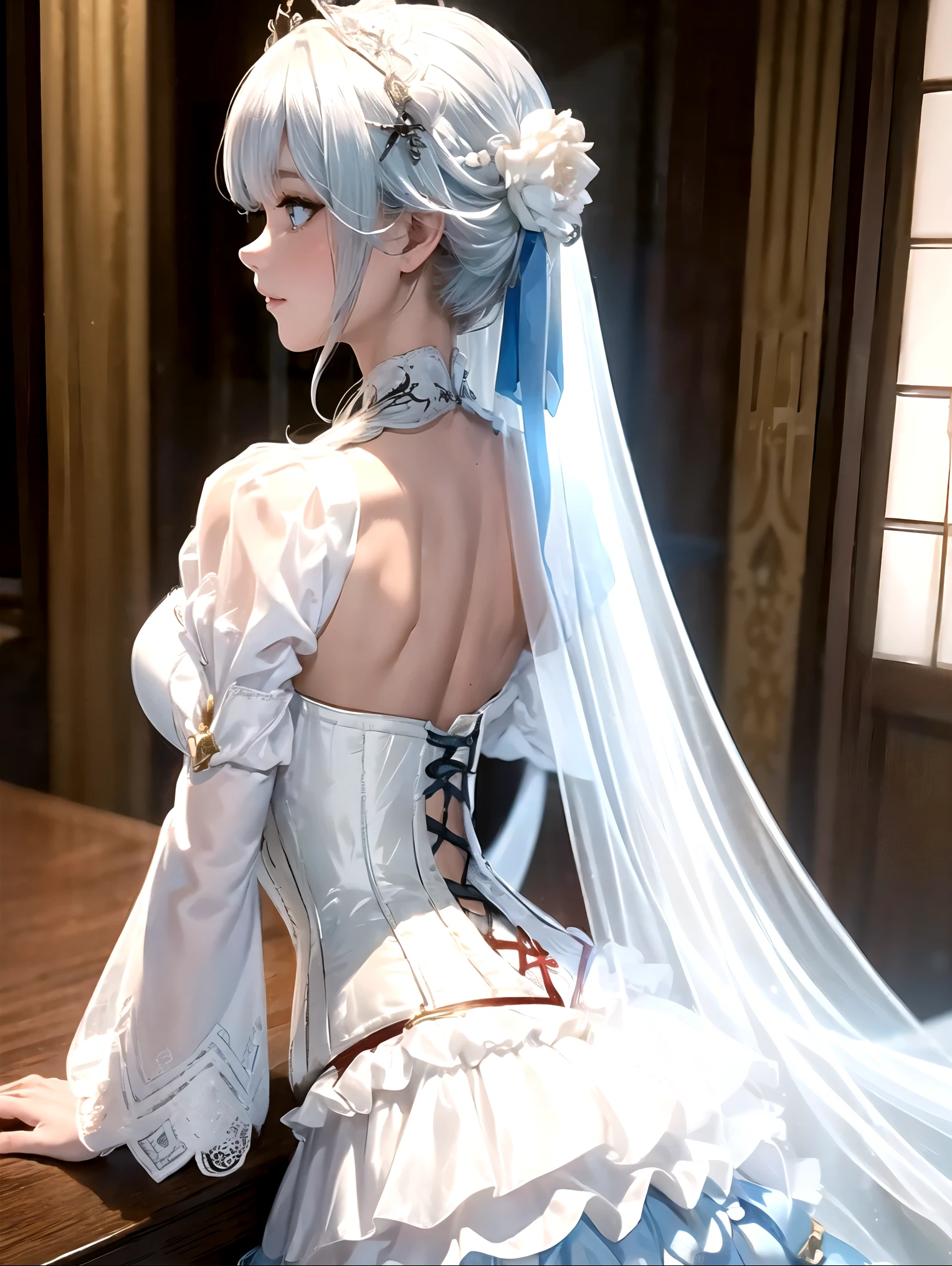 ((Highly detailed CG Unity 8K wallpaper)), table top, super detailed, floating, High resolution, suggest something sexual, (, ridiculously long white hair, Princess, White Devil Taoism, blue eyes, (Gorgeous long layered long dress in white and red see-through、Long wide sleeves and intricate embroidery), bridal veil, circlet, bridal gauntlet, blush, shy, arched back, ruffle petticoat, Glamorous corset,