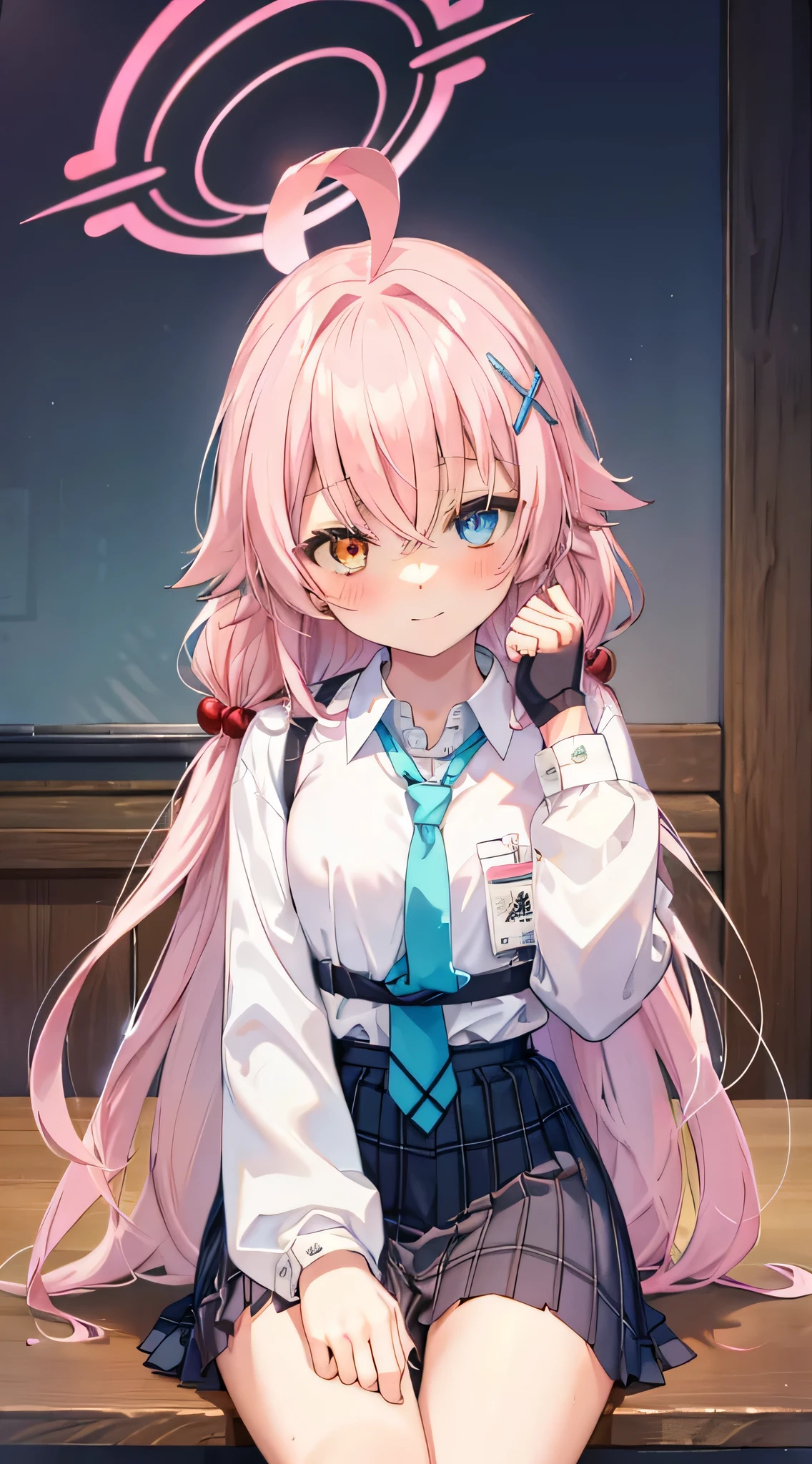 1 girl, Hoshino (blue archive), alone, heterochromia, pink hair, skirt, long hair, tic, Ahoge, shirt, Hello, チェック柄のskirt, blue eyes, tartan check, show viewer, White shirt, sitting, orange eyes, chest belt, exploited, long sleeve, ID card, open your mouth, とてもlong hair, Collared shirt, smile, blue tie, bangs, legs protrude from frame, between the legs, hand between the legs, blush, hair between eyes, High resolution,masterpiece, highest quality