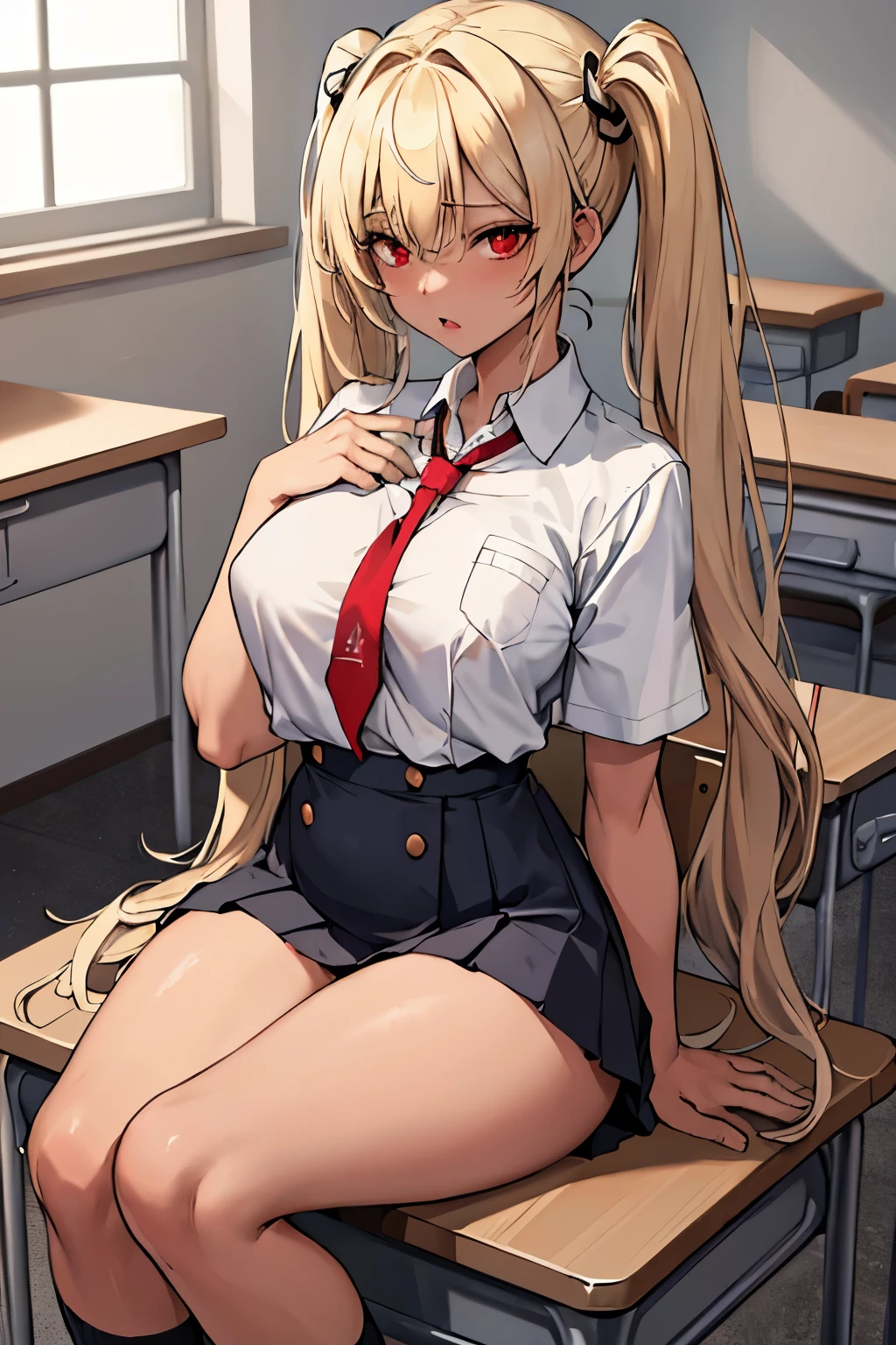 (masterpiece:1.2, highest quality), 1 female, alone, school uniform, classroom, Day, sit, blonde, twin tails, red eyes, Open collaboration bone, black skin, (open chest:1.1),{attacked and impregnated by a rapist）、（Becoming a mother）、{Becoming a motherly woman through forced motherhood rape}