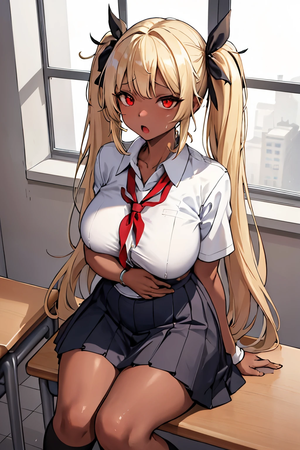 MIRKO, tan skin, exposed breasts, red necktie between breasts, grey jacket, green short skirt, exposed breasts, exposed pussy, tan skin