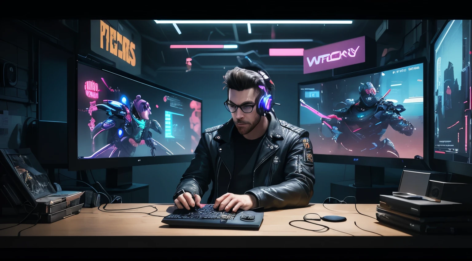 Araped man sitting at desk in front of computer monitor, realistic art style, Cyberstyle, photorealistic art style, game CG, Twitch Streamers / Gamer Ludwig, cyberpunk friend, Game Style 8K, cool background, background artwork, Cyber Universe Style, Cyberpunk with neon lights, full body, Standing wearing a leather jacket and jeans
