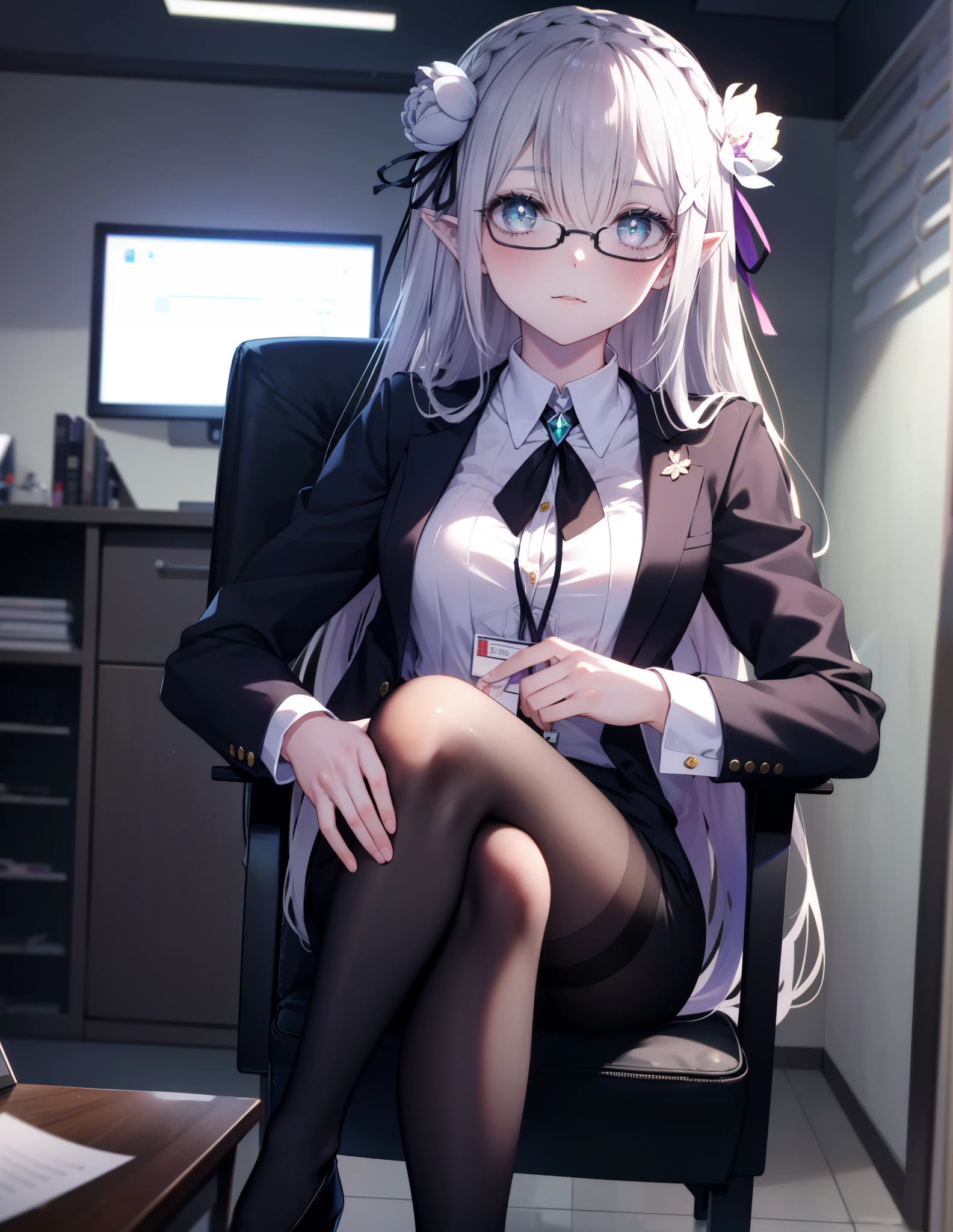 rezeroemilia, emilia, Braid, crown Braid, flower, hair flower, hair ornaments, hair ribbon, long hair, headlock, purple eyes, pointy ears, white flower, x hair ornaments, close your mouth,red glasses, end, black suit jacket, collared jacket, white dress shirt, collared shirt, neckline, button, strap, ID card on the neck, black pencil skirt, black pantyhose stiletto heels,PC on desk,sitting cross-legged on a chair,
break indoors,office,
break (masterpiece:1.2), highest quality, High resolution, unity 8k wallpaper, (shape:0.8), (beautiful and detailed eyes:1.6), highly detailed face, perfect lighting, Very detailed CG, (perfect hands, perfect anatomy),