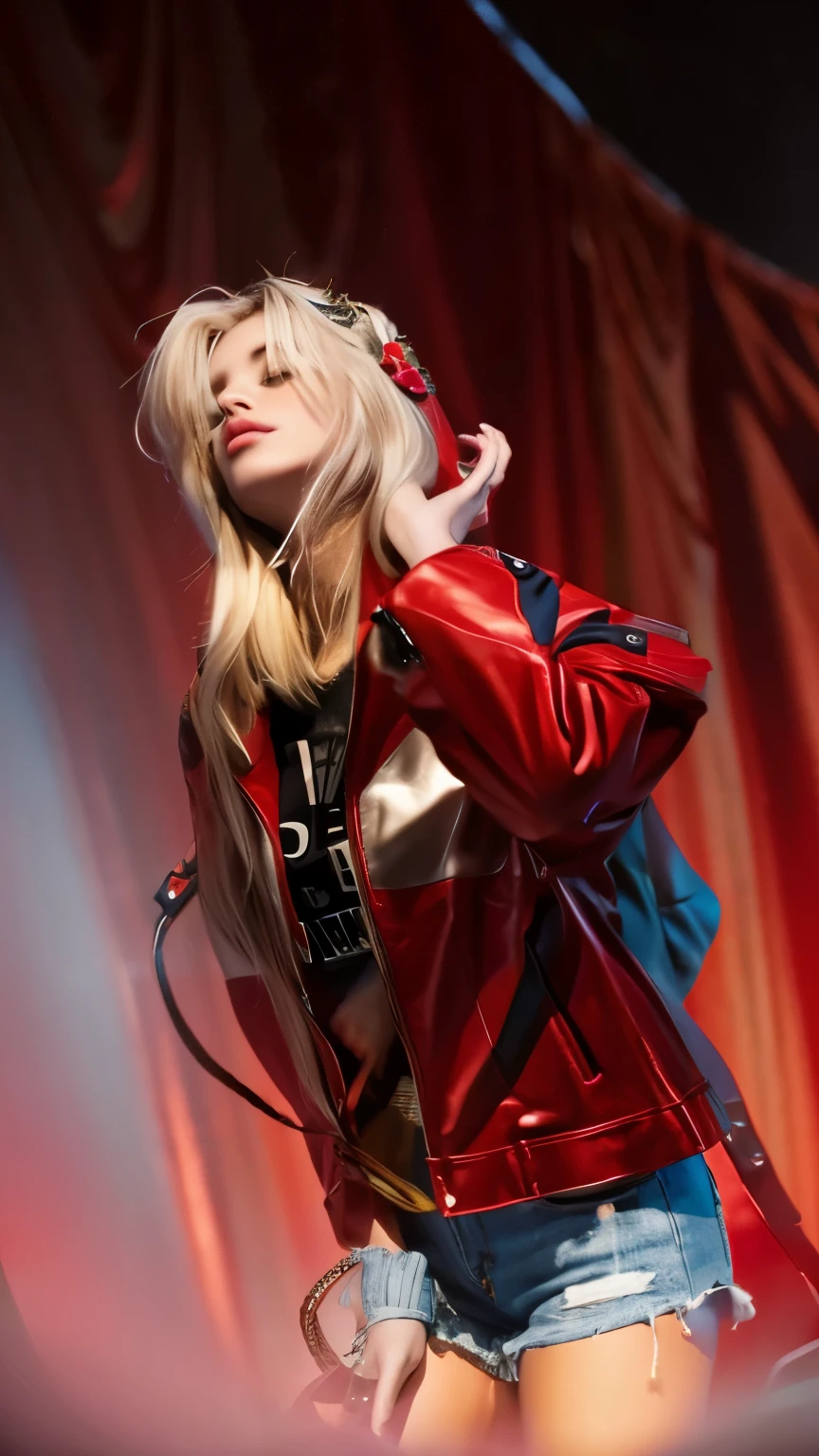 girl blonde hair,red jacket beautiful realistic