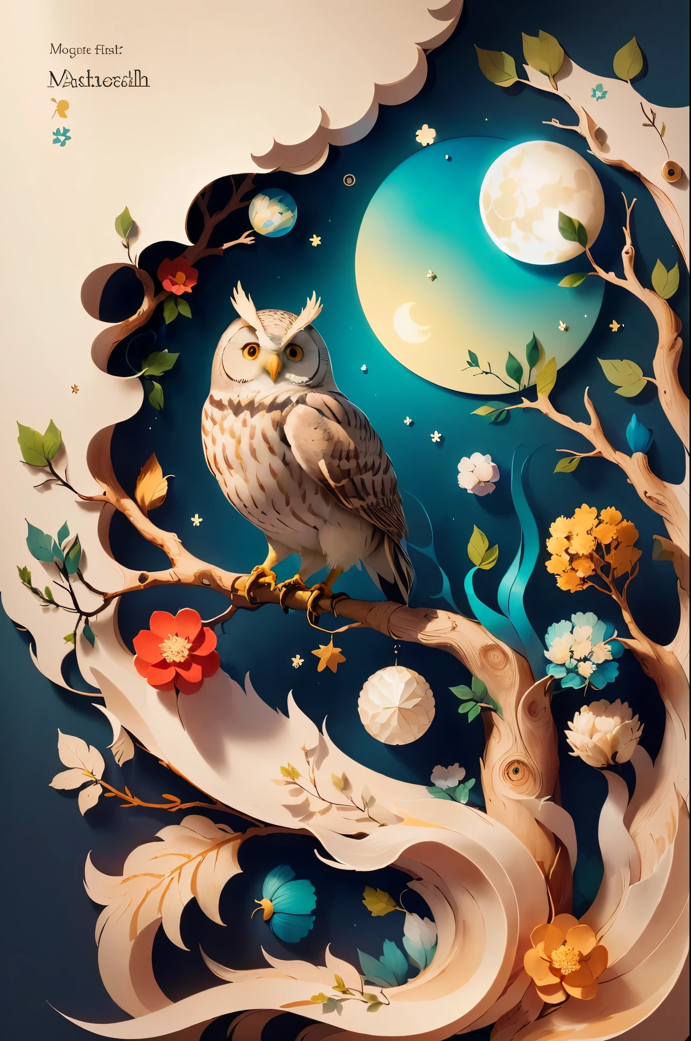 There's a paper cutout owl sitting on a branch, A beautiful artistic illustration, Very detailed illustration, Very detailed The art of mathwork, digital illustration style, The art of math Very detailed, cute detailed The art of math, Very detailed The art of math, beautiful The art of mathwork, digital painting Very detailed, Beautiful digital illustration, The art of math. Very detailed, Moonlight fish eye illustration