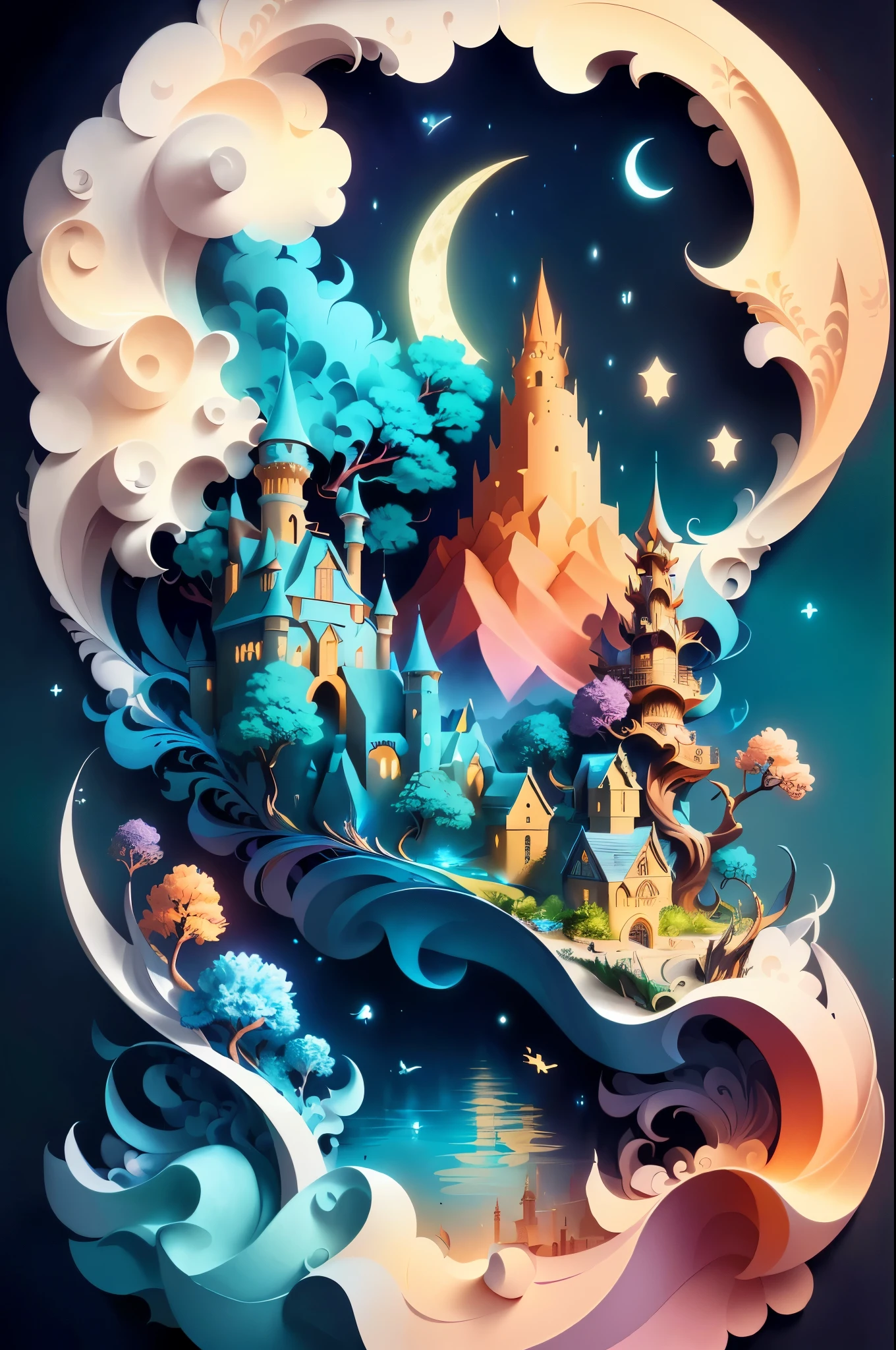 Illustration of fantasy castle surrounded by lake and moon, Detailed fantasy illustration, Beautiful and detailed fantasy, magic fantasy very detailed, A beautiful artistic illustration, Detailed fantasy digital art, Complex 3D illustration, Lovely and detailed digital art, fantasy very detailed, 4k highly detailed digital art, Fairy tale illustration style, Detailed dreams, Digital Fantasy Illustration, complex numbers