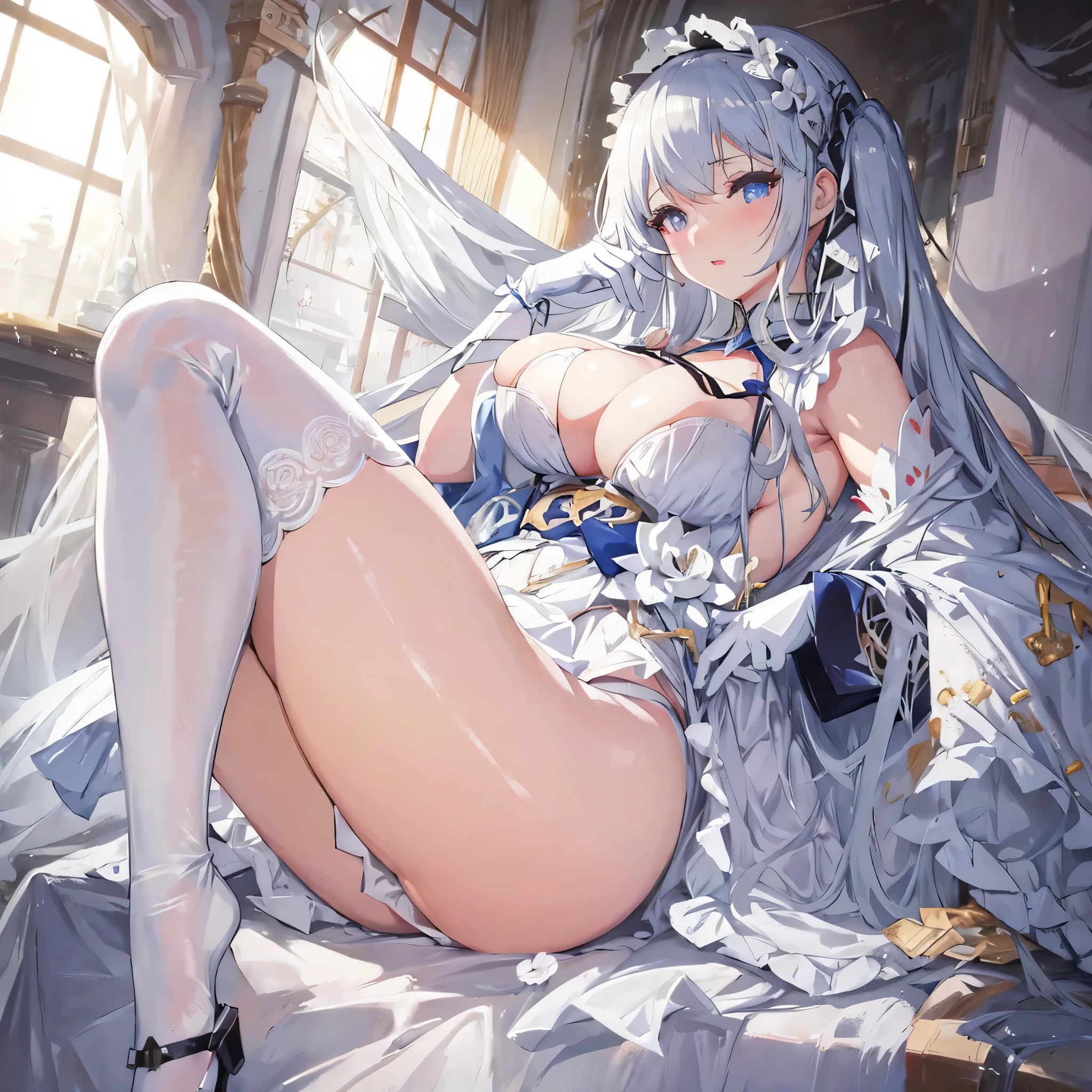 Anime girl in a white dress with big breasts sitting on the bed, anime goddess, seductive anime girl, beautiful and attractive anime woman, small details. girls frontline, Highly rated on pixiv, from girls frontline, Kushart Krenz Key Art Feminine, azur lane style, Cartoon Barbie wearing white stockings, From the Azur Lane video game