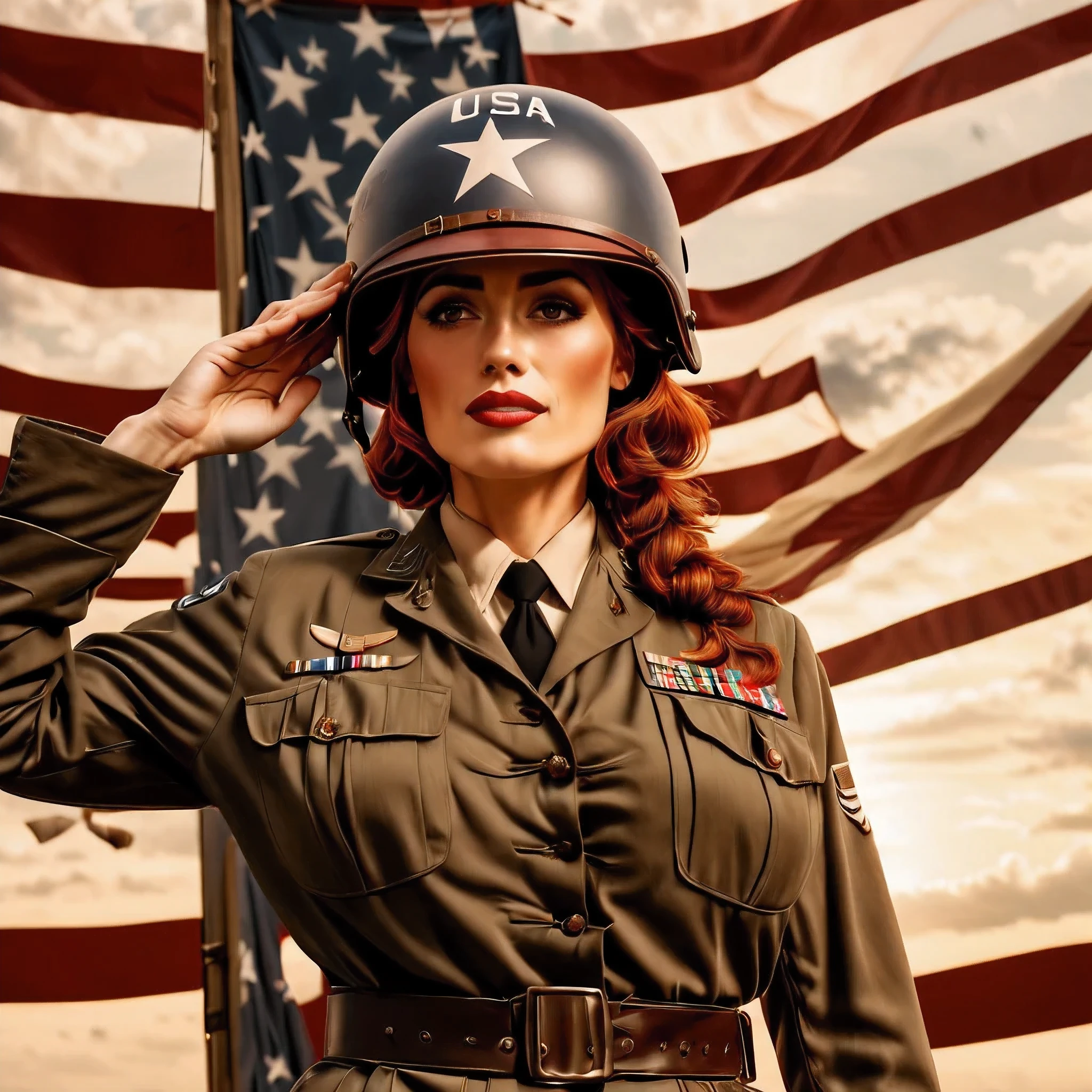 (photorealistis), (long shot), (camera on the eye-level)a beautiful Scottish woman standing on a stage with a gigantic american flag behind her, wearing a USA army general's uniform (film Patton opening scene:1.5), helmet with three stars on it, (military salute), she has (brownish-red hair) light skin and freckles, (black eyebrows:0.8), and high cheekbones, (brown eyes), (downturned eyes), voluptuous, massive breasts, (serious look:0.8). (best quality, 4K, 8k, high resolution,masterpiece:1.2), Super detailed,(actual, photoactual, photo-actual:1.37).