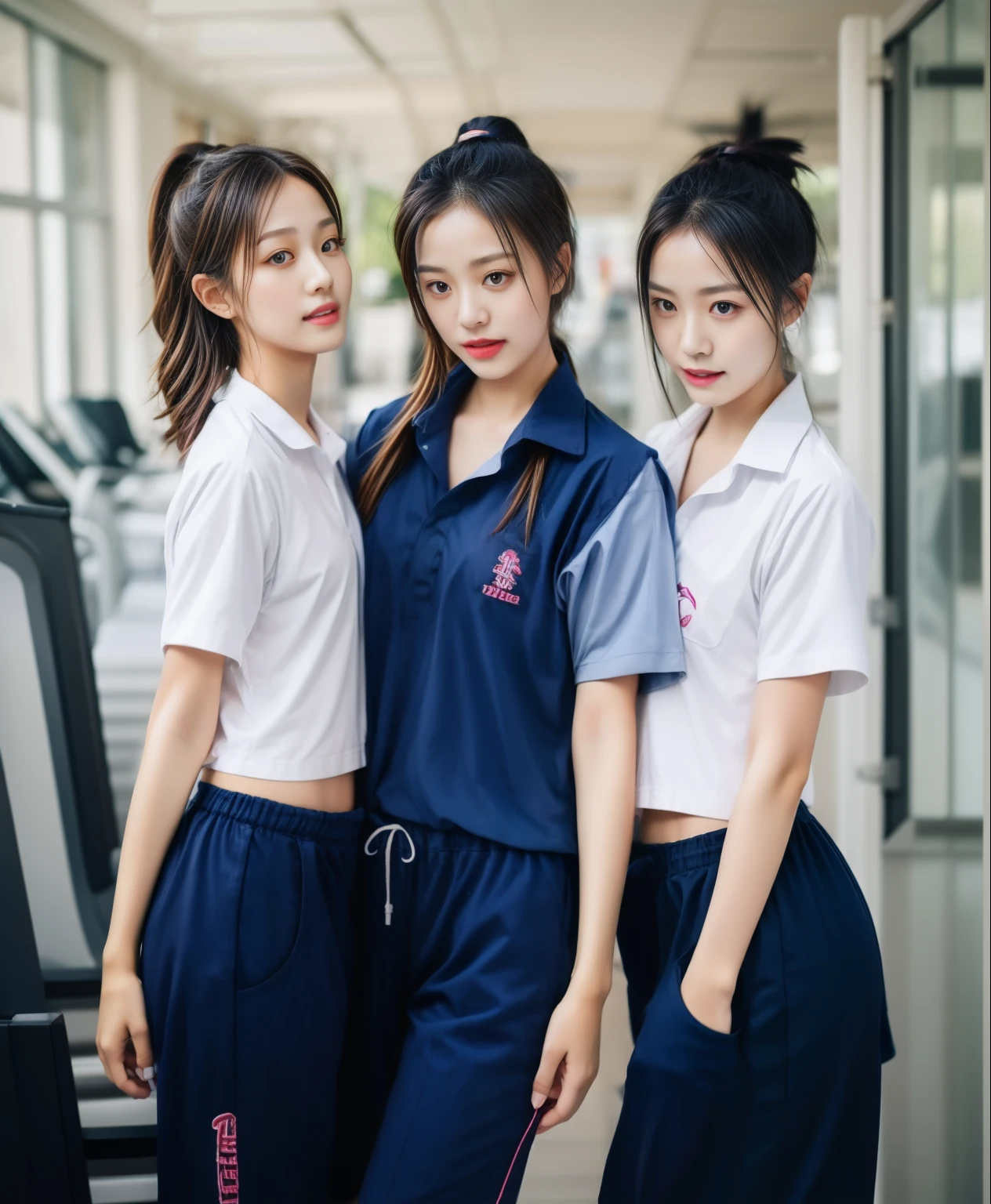 3 girls in fitness center, Navy blue short-sleeved shirt,Navy Long Trackpant,Sweatpants, Sweatpantsขายาว,25 year old girl, lesbian, sexy, exercise clothes, wet body, exercise clothes