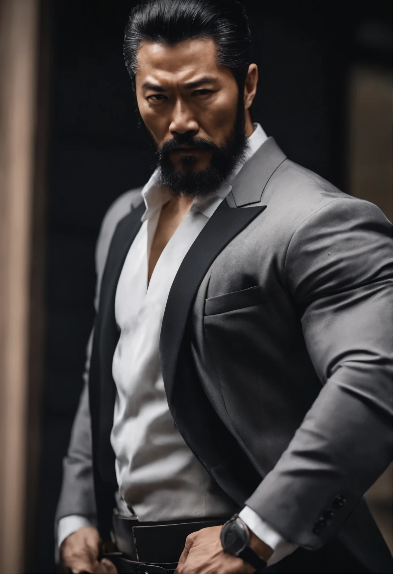 this is 55 year old Hanzo Matsuo he is a very strong and well trained man, full body image, getting out of a luxury car parked in the background of the image, door open, 55 year old Slim and Muscular Asian Man --seed 3845874533 create an image of this character in a combat stance, with a thick beard, a large ultra realistic style beard, a male character, a 32 year old Japanese man, muscular, short spiky hair, no tattoos, no tattoos, wearing a black suit, a bad face, black suit, dress shoes. combat position, 8k full body, UHD art station, complex details, in the background a dojo, holding a man by the collar
