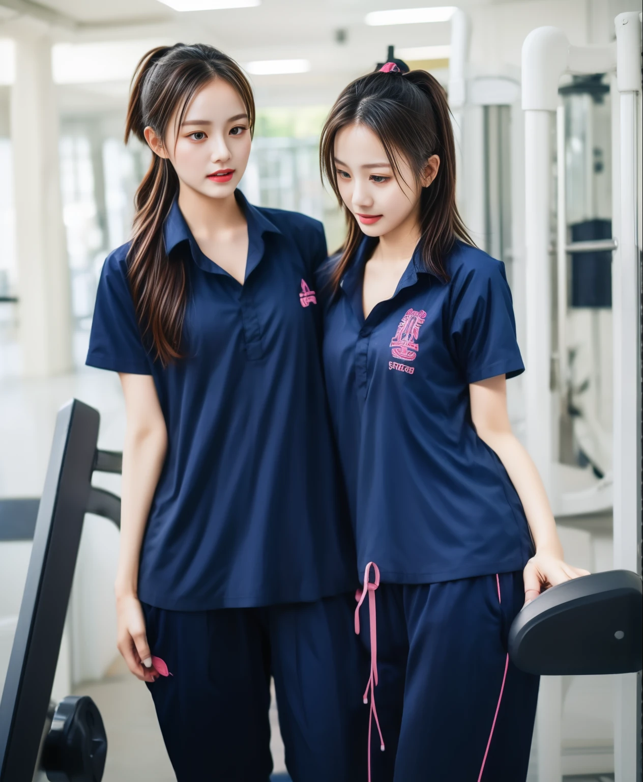 3 girls in fitness center, Navy blue short-sleeved shirt,Navy Long Trackpant,Sweatpants, Sweatpantsขายาว,25 year old girl, lesbian, sexy, exercise clothes, wet body, exercise clothes