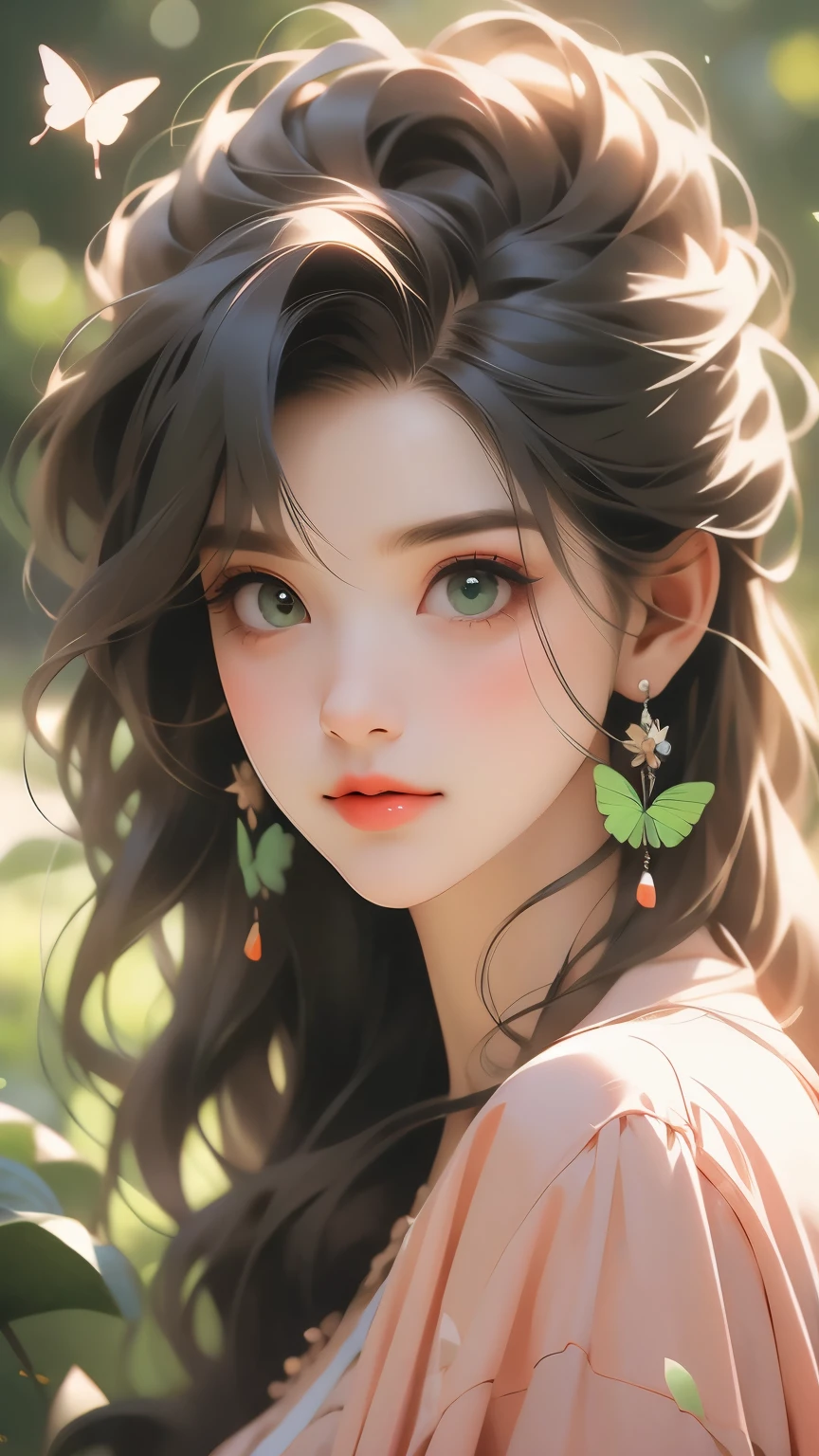 8k, solo, beautiful girl, makeup, blush, lipstick, red lips, portrait, realistic, green eyes, slight smile, looking at viewer, painting, butterflies