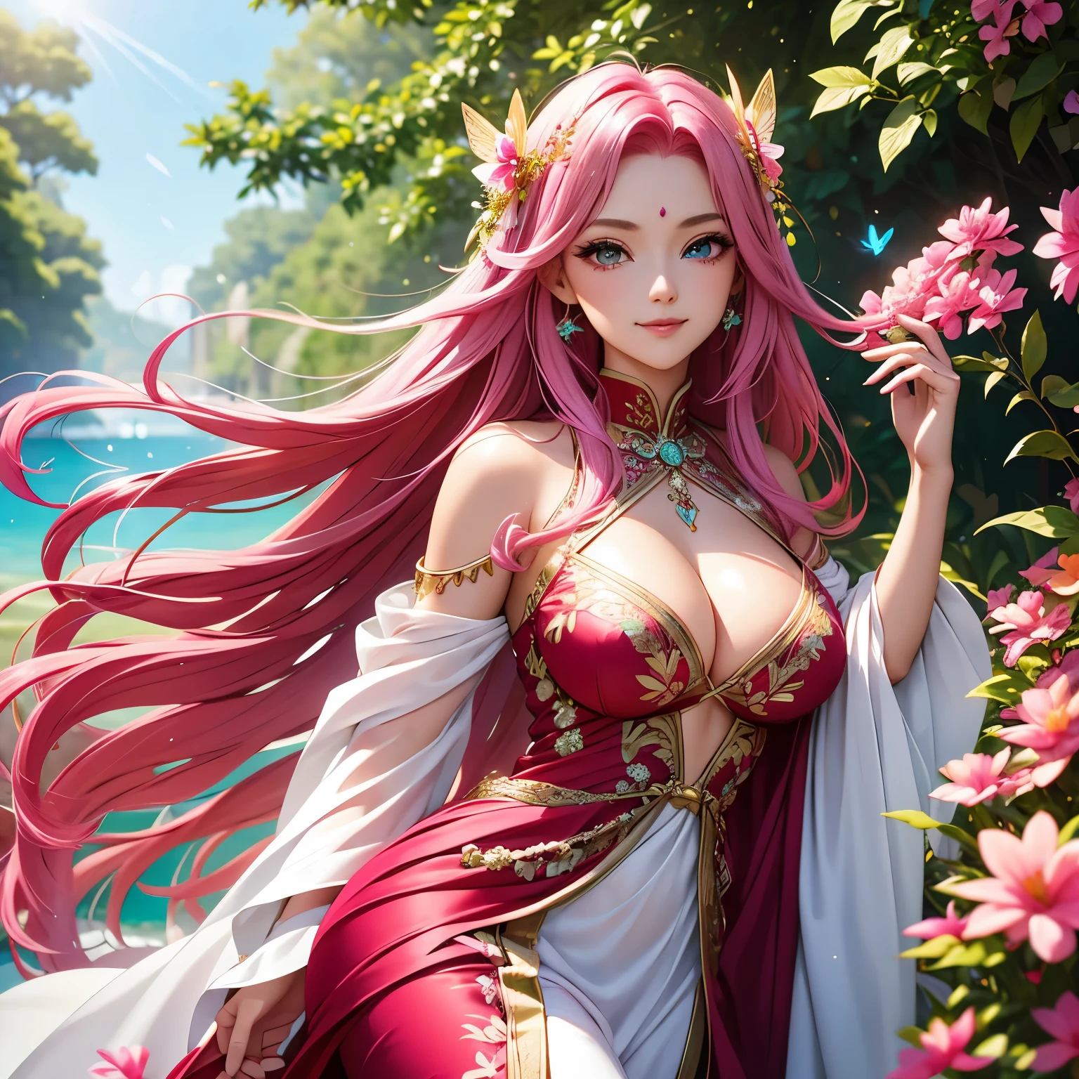 beautiful goddess 22 years old shiny skin bright pink hair. alas de mariposa en su espalda, ojos azul claro detallados  alta calidad pechos grandes. cleavage asian and greek clothes. sonrisa alas de mariposa salen de su espalda