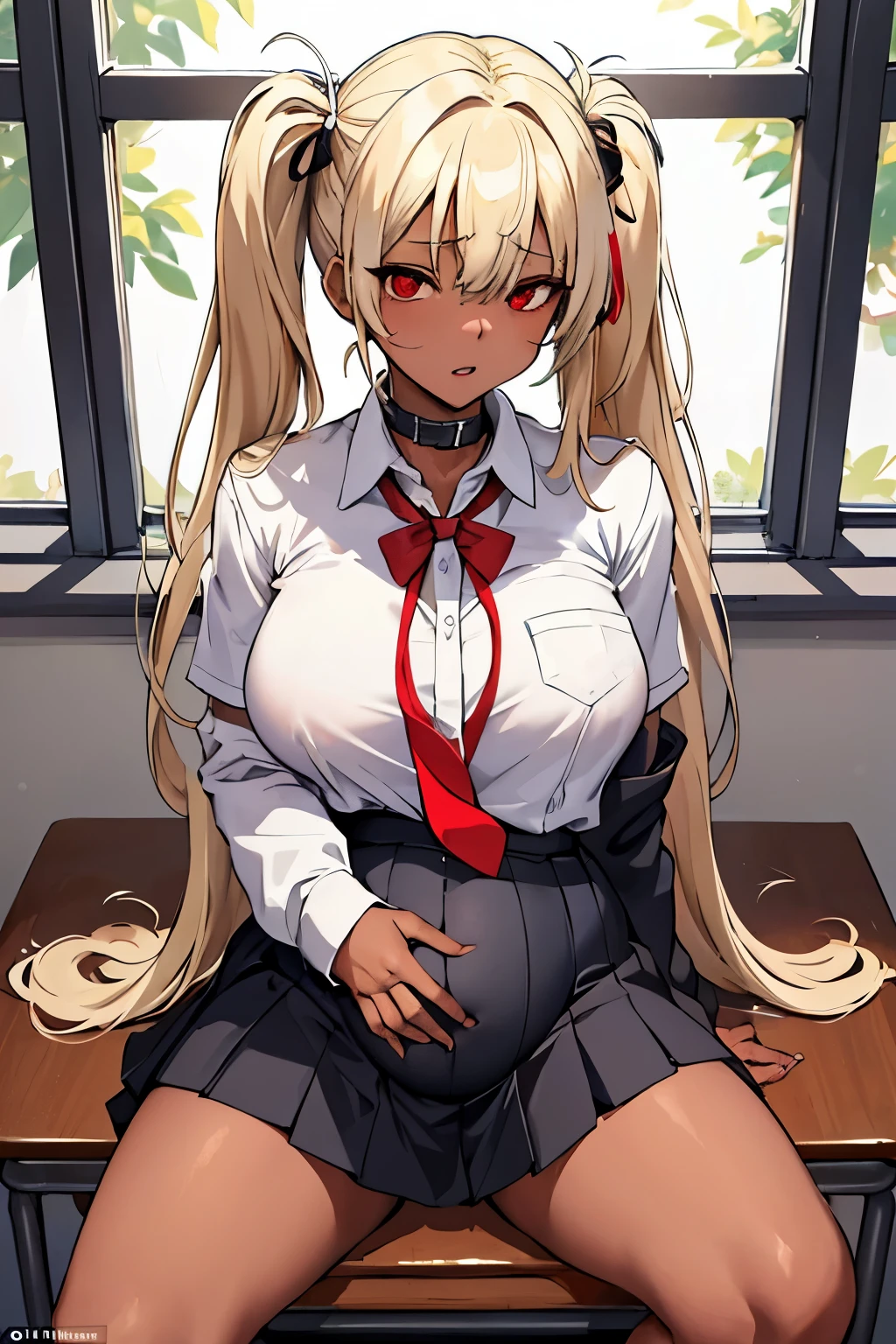 (masterpiece:1.2, highest quality), 1 female, alone, school uniform, classroom, Day, sit, blonde, twin tails, red eyes, open collaboration bone, black skin, (open chest:1.1),{Gets pregnant after being attacked by a rapist）、（Becoming a mother）、{Becoming a motherly woman through forced motherhood rape}