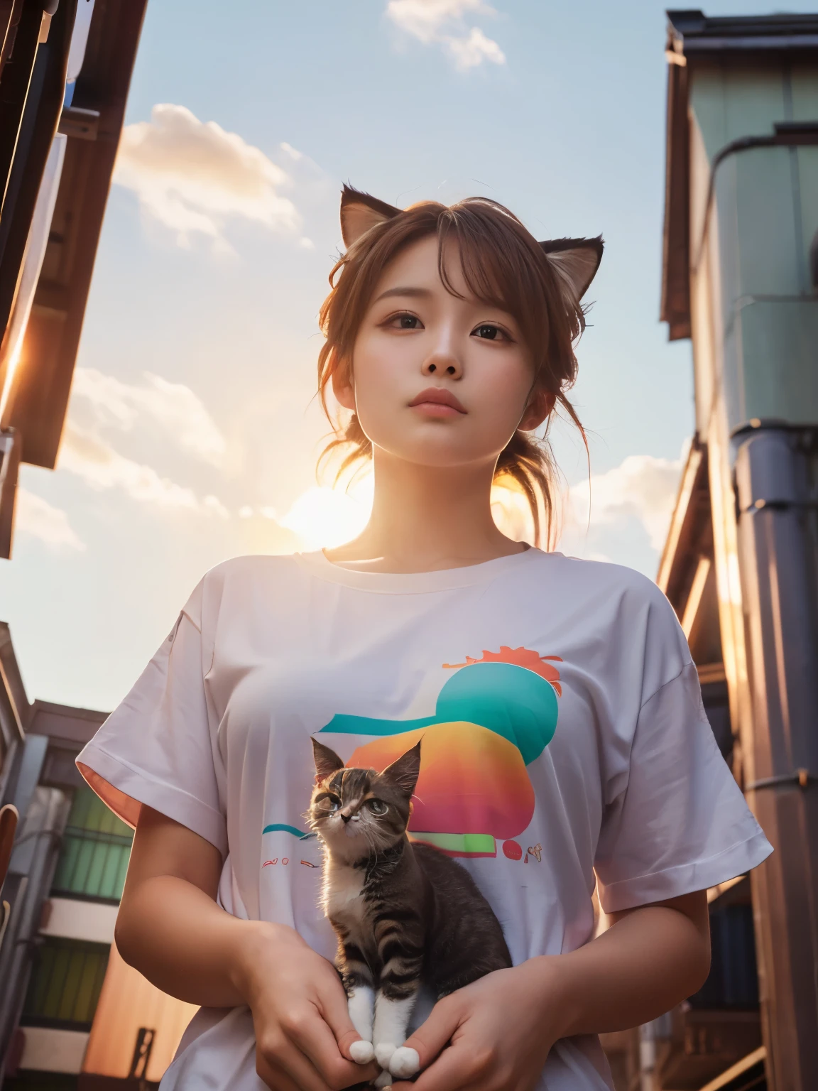 4K.HD. (Masterpiece, Best Quality, ) ,bokeh, a girl, Light brown beautiful hair, Light brown eyes, Plump breast, Blushed face, (cat ear:1.2), colourful t-shirt, (Japanese idle:1.6), holding a pretty cat, Looking at the viewer, (background is sunset wall street:1.4), (From below:1.6), cowboy shot