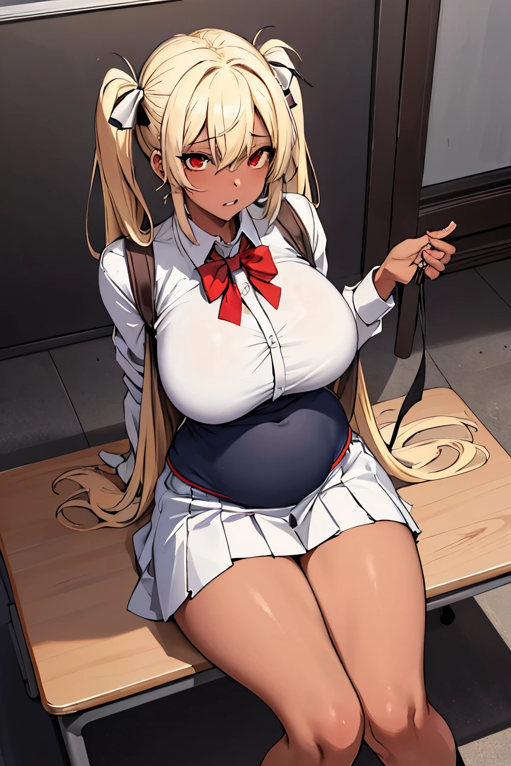 (masterpiece:1.2, highest quality), 1 female, alone, school uniform, classroom, Day, sit, blonde, twin tails, red eyes, open collaboration bone, black skin, (open chest:1.1),{Gets pregnant after being attacked by a rapist)、(Becoming a mother)、{Becoming a motherly woman through forced motherhood rape}