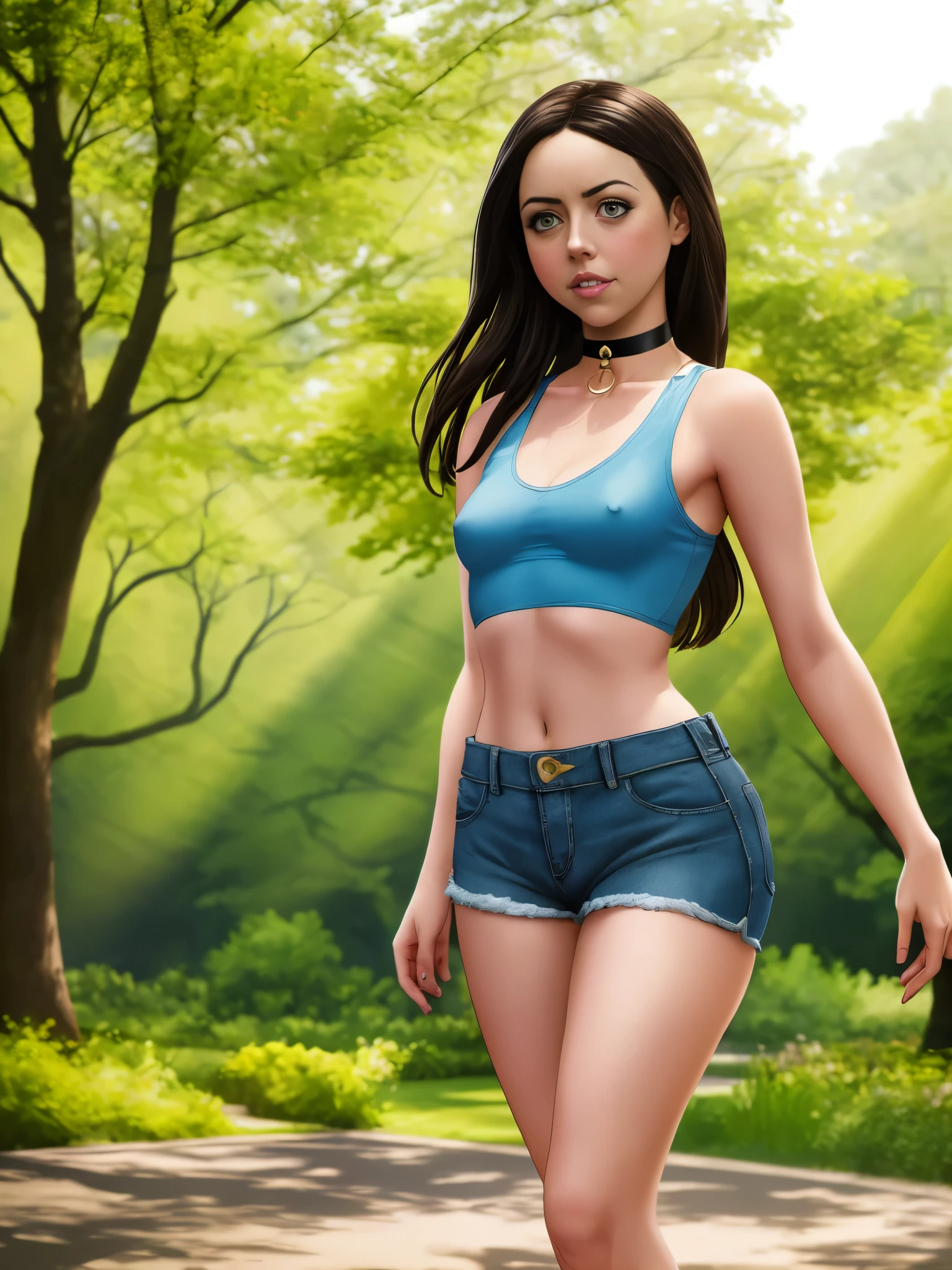 Aubrey Plaza, masterpiece quality, realistic, lots of detail, 1girl, solo, studio lighting, in a park, meadows and trees in background, wearing choker collar, wearing blue Jean shorts, wearing black crop top, midriff, long hair, small breasts, (small breasts:1.3), thin,