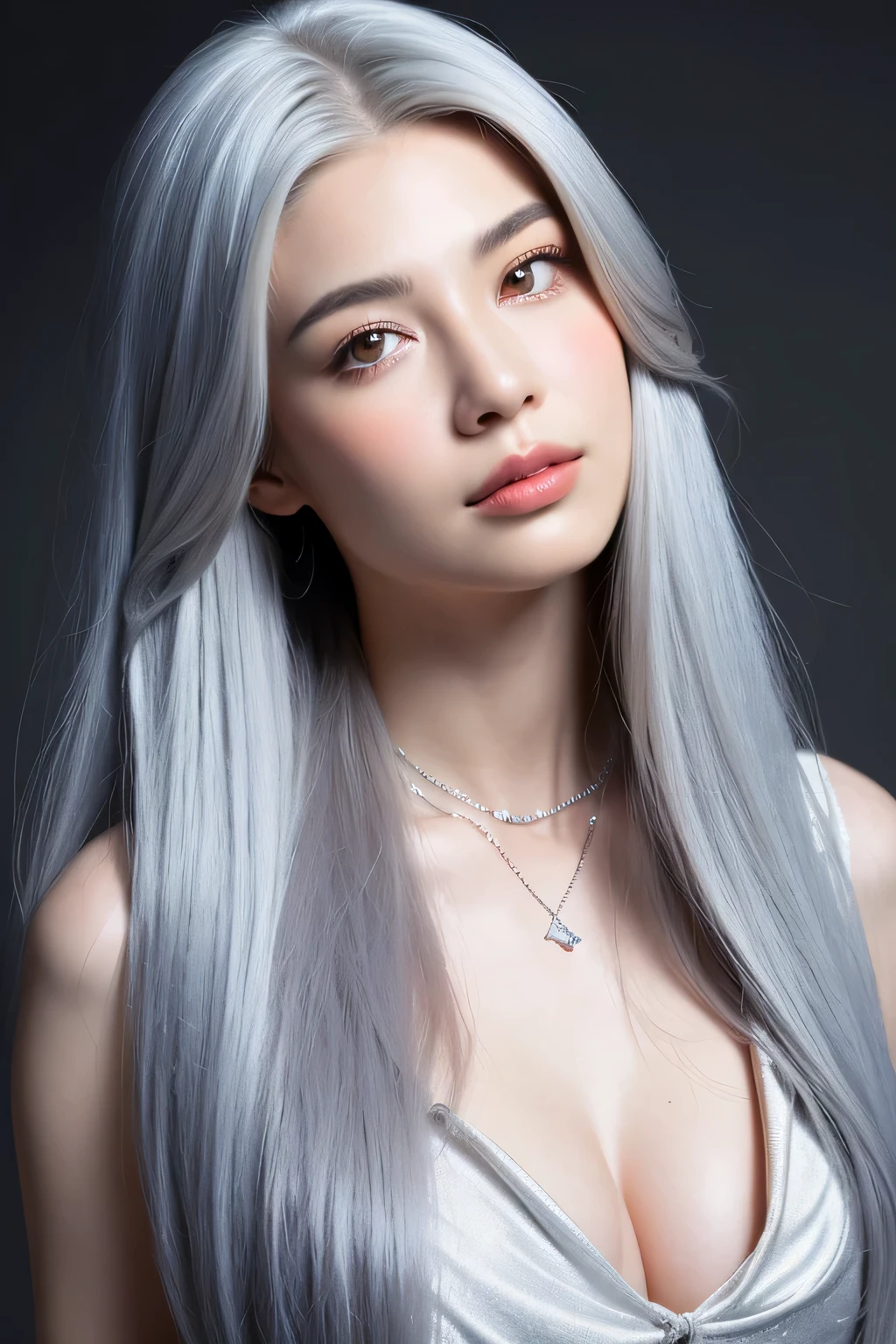 (Extra detailed body、extra detailed faCe、best quality:1.2)、woman、looking at the audience、C、original photography、top quality: 1.4)、(1 girl in)、beautiful expression、(Lifelike faCe)、(silver hair、FanCy pierCings、a neCklaCe、long hair:1.3)、beautiful hairstyle、realistiCeyes、beautiful details、（real skin）、beautiful skin、（thin shirt）、absurd、entiCing、 high resolution、A hyper-realistiC、high detail、golden ratio、sheer 

