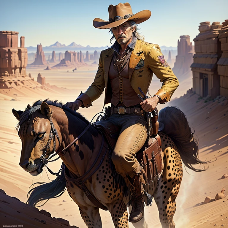 There was a man riding a cheetah on his back with a hat on. Beeple and Jean Giraud Drawing style of James Gurney, Jean-Sebastian Rossbach, John Banovich, Western cartoon art. western comic book art Cowboys in the Wild West by James Gurney by Ryan Barger Rob Ray is the inspiration for Western comics. Martin Ansin