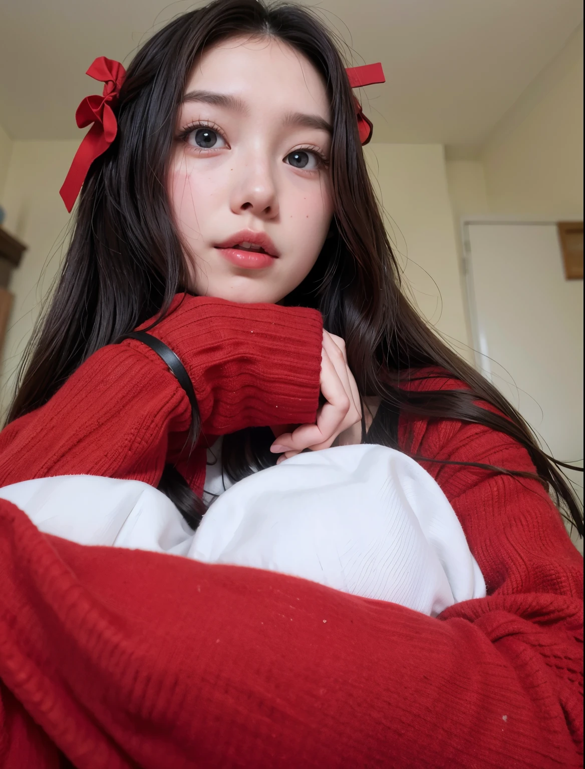 there is a woman wearing a red sweater and a red bow, ulzzang, ruan cute vtuber, red colored, 8k selfie photograph, pale red, 8k)), some red, red clothes, red color, red cheeks, only with red, with cute - fine - face, faint red lips, soft portrait shot 8 k