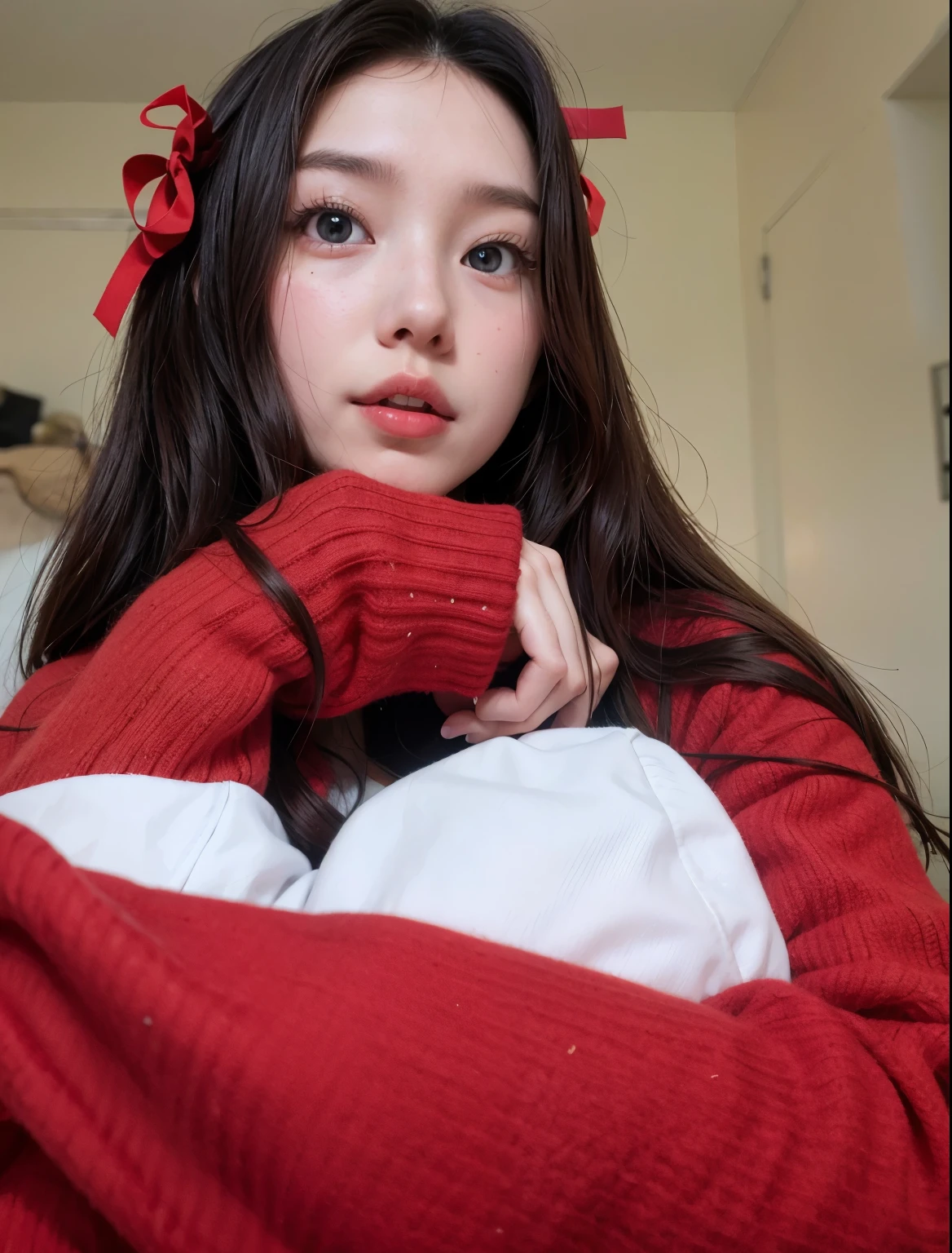 there is a woman wearing a red sweater and a red bow, ulzzang, ruan cute vtuber, red colored, 8k selfie photograph, pale red, 8k)), some red, red clothes, red color, red cheeks, only with red, with cute - fine - face, faint red lips, soft portrait shot 8 k