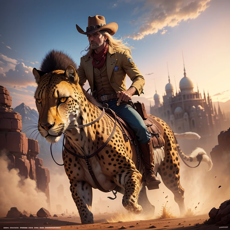 There was a man riding a cheetah on his back with a hat on. Beeple and Jean Giraud Drawing style of James Gurney, Jean-Sebastian Rossbach, John Banovich, Western cartoon art. western comic book art Cowboys in the Wild West by James Gurney by Ryan Barger Rob Ray is the inspiration for Western comics. Martin Ansin