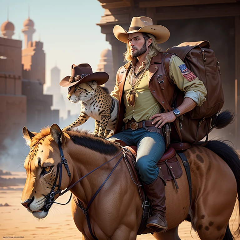 There was a man riding a cheetah on his back with a hat on. Beeple and Jean Giraud Drawing style of James Gurney, Jean-Sebastian Rossbach, John Banovich, Western cartoon art. western comic book art Cowboys in the Wild West by James Gurney by Ryan Barger Rob Ray is the inspiration for Western comics. Martin Ansin