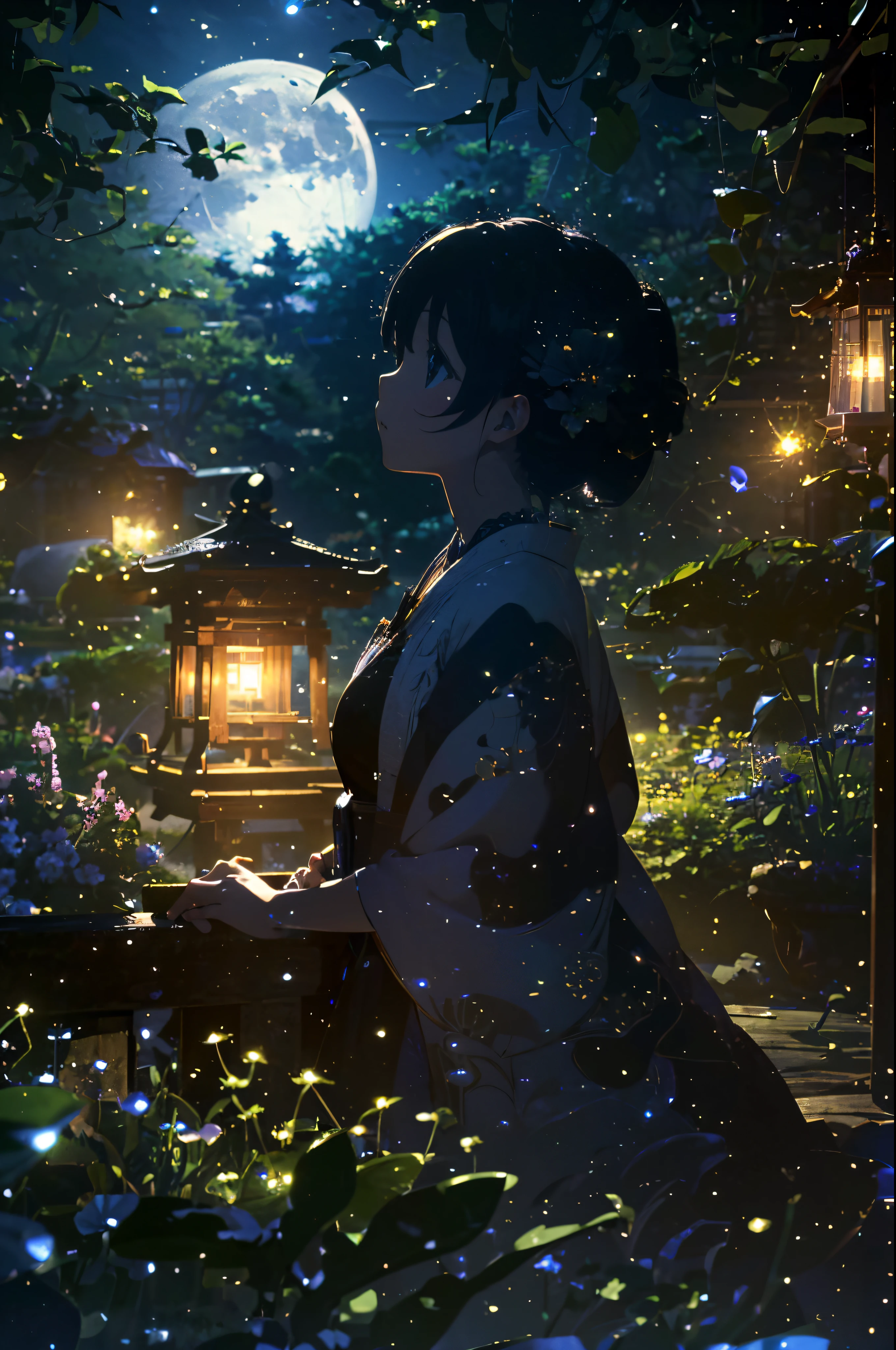 (Official art、Best Quality、Unity 8k Wallpapers、masterpiece、absurderes、ultra-detailliert、超A high resolution:1.2)、(Ultra-detailed and complex 3D rendering)、Detailed beautiful face and eyes、A slender、Medium bust、(Full body:1.2)、(sideshot、Looking up at the moon、Looking away:1.2)、Fireflies are flying、(Mystical)、beauitful face、blurry backround、a beauty girl、Japan garden、cowboy shot、Sit on the porch、One full moon in the sky、Moon