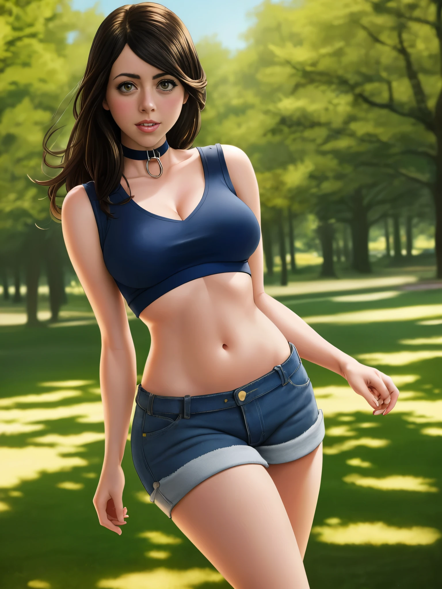 Aubrey Plaza, masterpiece quality, realistic, lots of detail, 1girl, solo, studio lighting, in a park, meadows and trees in background, wearing choker collar, wearing blue Jean shorts, wearing black crop top, midriff, long hair, medium breasts, (medium breasts:1.3), thin, 