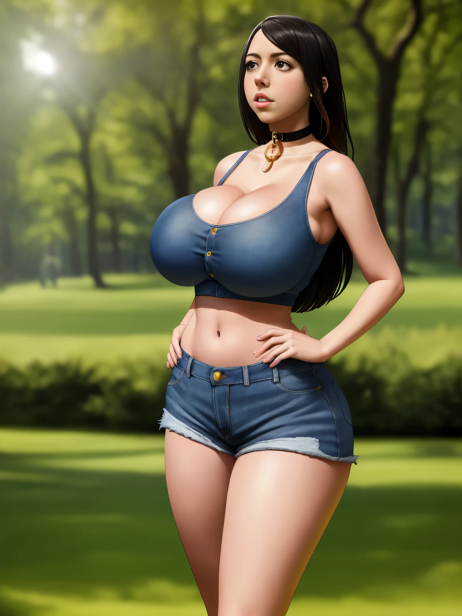 Aubrey Plaza, masterpiece quality, realistic, lots of detail, 1girl, solo, studio lighting, in a park, meadows and trees in background, wearing choker collar, wearing blue Jean shorts, wearing black crop top, midriff, long hair, big breasts, (big breasts:1.3), thin, 